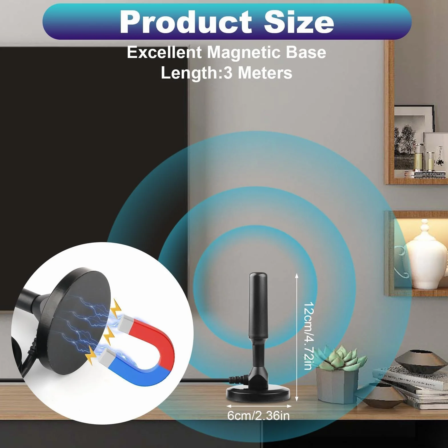 Antenne TV Intérieur Puissante TNT HD DVB-T/DVB-T2 Base Magnétique 3M Câble Coaxial Réception 360° 1080P 4K
