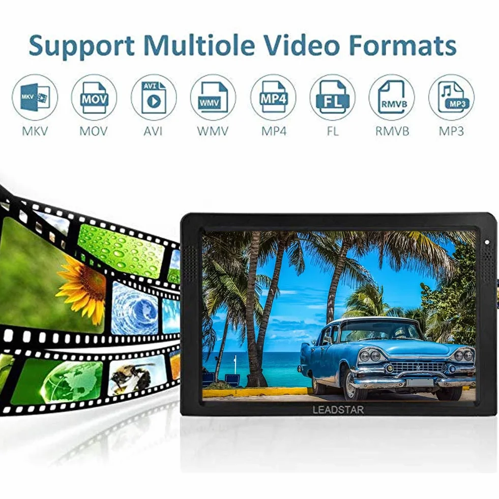 TV Portable 12 Pouces, Télévision Numérique T/T2 1080P 16: 9 avec 2 Haut-Parleurs pour Chambre à Coucher,Cuisine,Caravane,Voiture-Support Antenne/VGA/AV/Casque/HDMI/USB,Carte SD/MMC