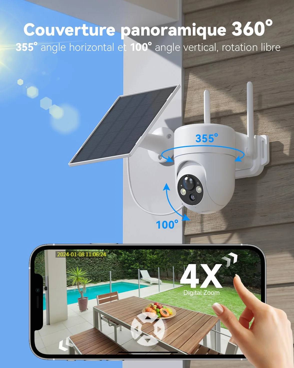 SEHMUA 2K Caméra Surveillance WiFi Exterieure sans Fil, 360° PTZ Caméra Extérieur sans Fil Batterie sur Panneau Solaire, 2,4 GHz, Vision Nocturne Couleur, Détection PIR, Audio Bidirectionnel, 2 Pièces