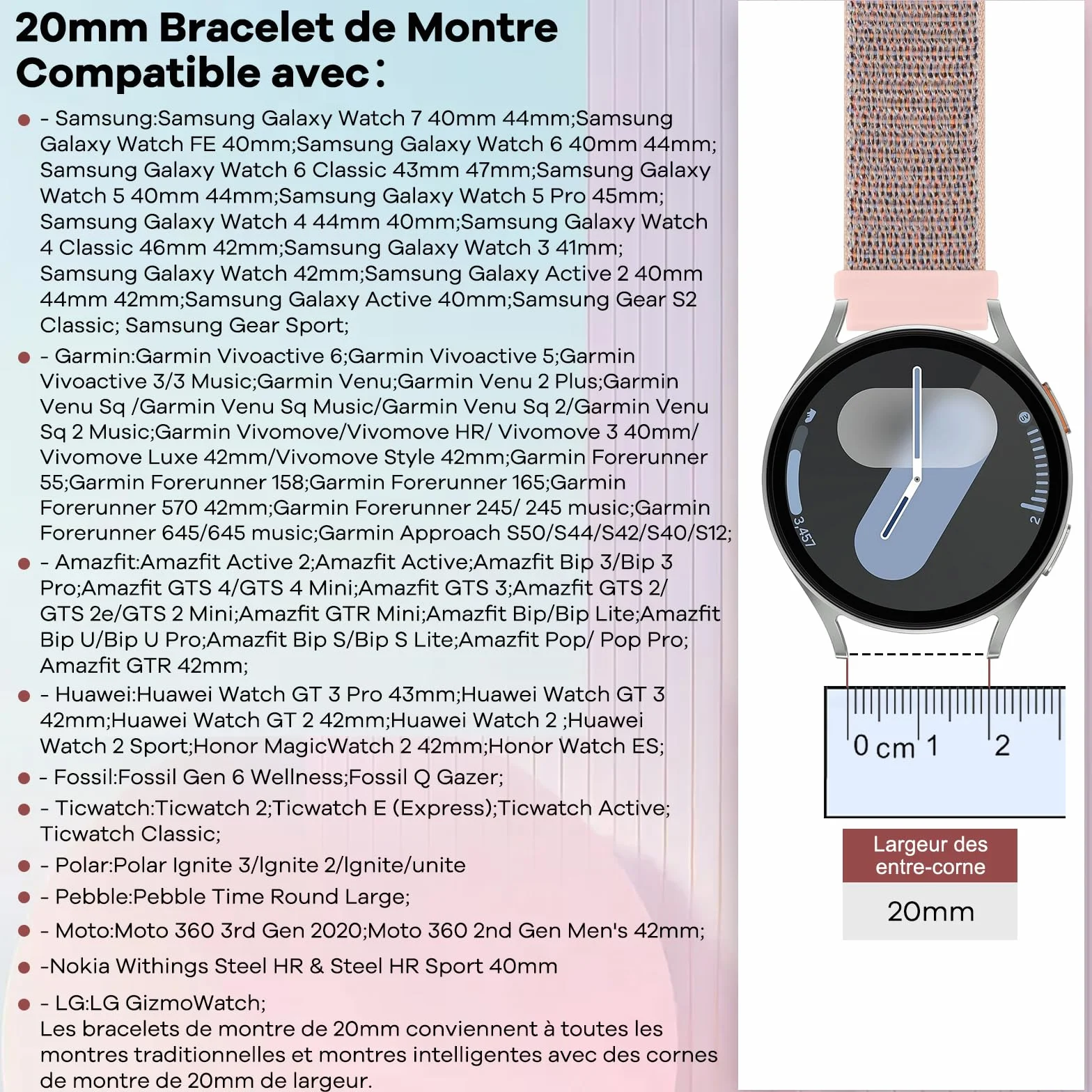 20mm Bracelet Montre en Nylon pour Garmin Forerunner 55/165/245/645/Vivoactive 6/5/Garmin Venu/Venu 2 Plus/Amazfit Active 2/Active/Polar Ignite 3/lgnite 2/Unite/COROS APEX 2/Pace 2 Bracelet