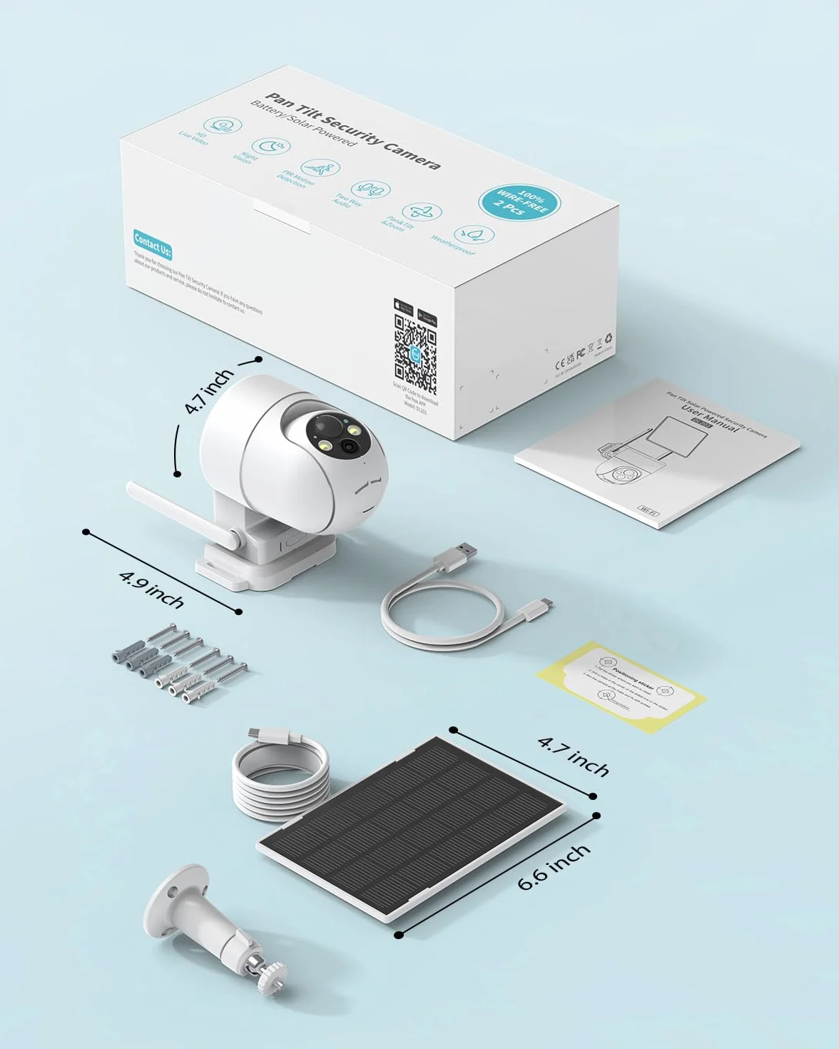 SEHMUA 2K Caméra Surveillance WiFi Exterieure sans Fil, 360° PTZ Caméra Extérieur sans Fil Batterie sur Panneau Solaire, 2,4 GHz, Vision Nocturne Couleur, Détection PIR, Audio Bidirectionnel, 2 Pièces