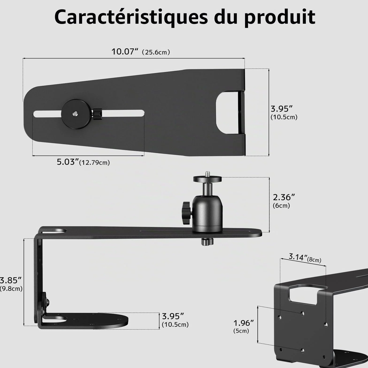Support Universel Projecteur Plafond Mural Fixation 1/4", Capacité 10 kg, Rotation 360°, Ajustement 12 cm