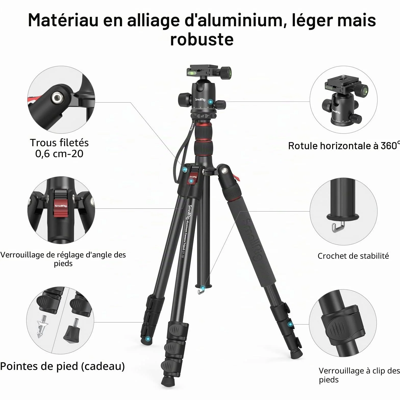 SMALLRIG Trépied Monopode pour Appareil Photo, 72" 182cm Trépied en Aluminium Léger et Portable, Rotule Panoramique à 360° Plaque à Dégagement Rapide, Charge Max 15kg, Réglable de 17" à 72" - 3935