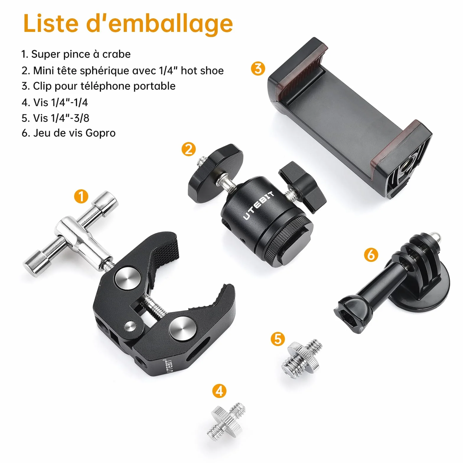 UTEBIT Pince Trépied Bras Magique, Super Clamp avec Rotule Pivotante à 360° en Alliage Aluminium, Bras Articulé Support pour Appareil Photo, Lampe Vidéo, et Caméra Action