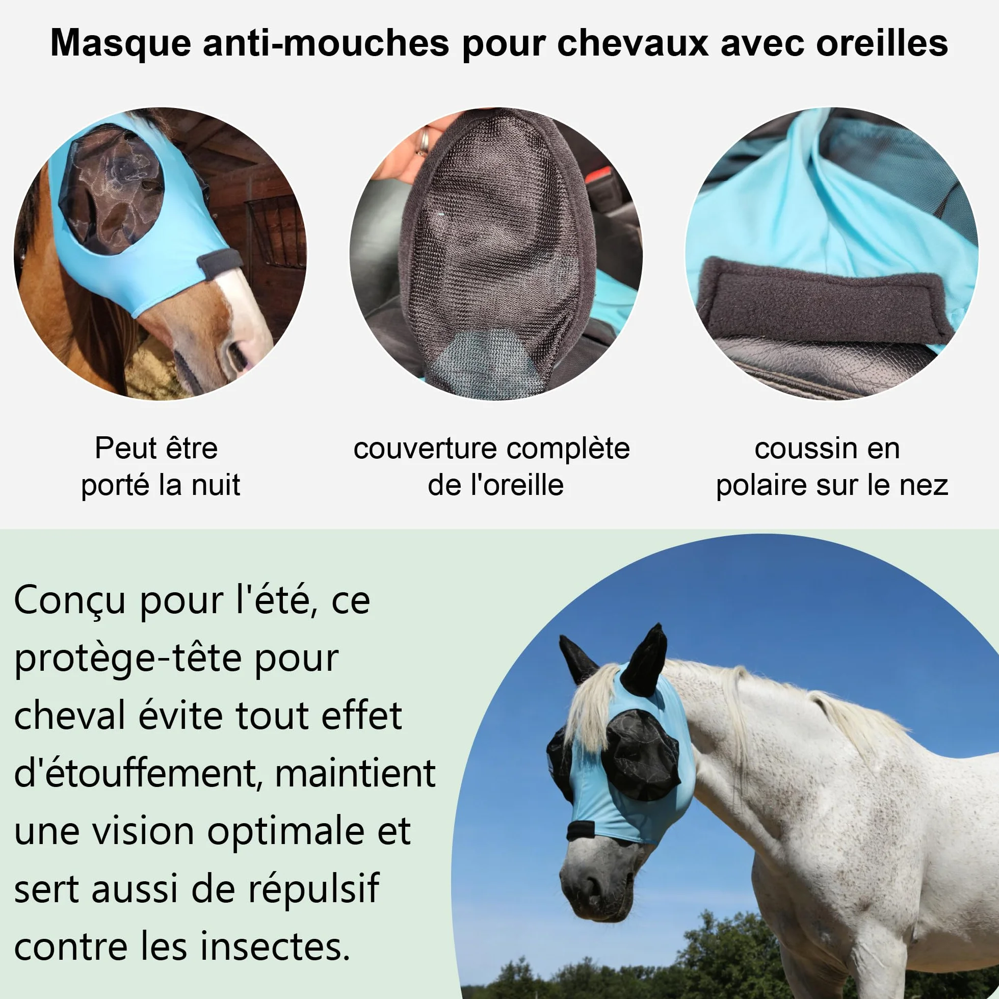 Masque Anti-Mouches pour Chevaux avec Oreilles, Protection UV, Respirant, Grands Yeux - Bleu Lac (Medium)