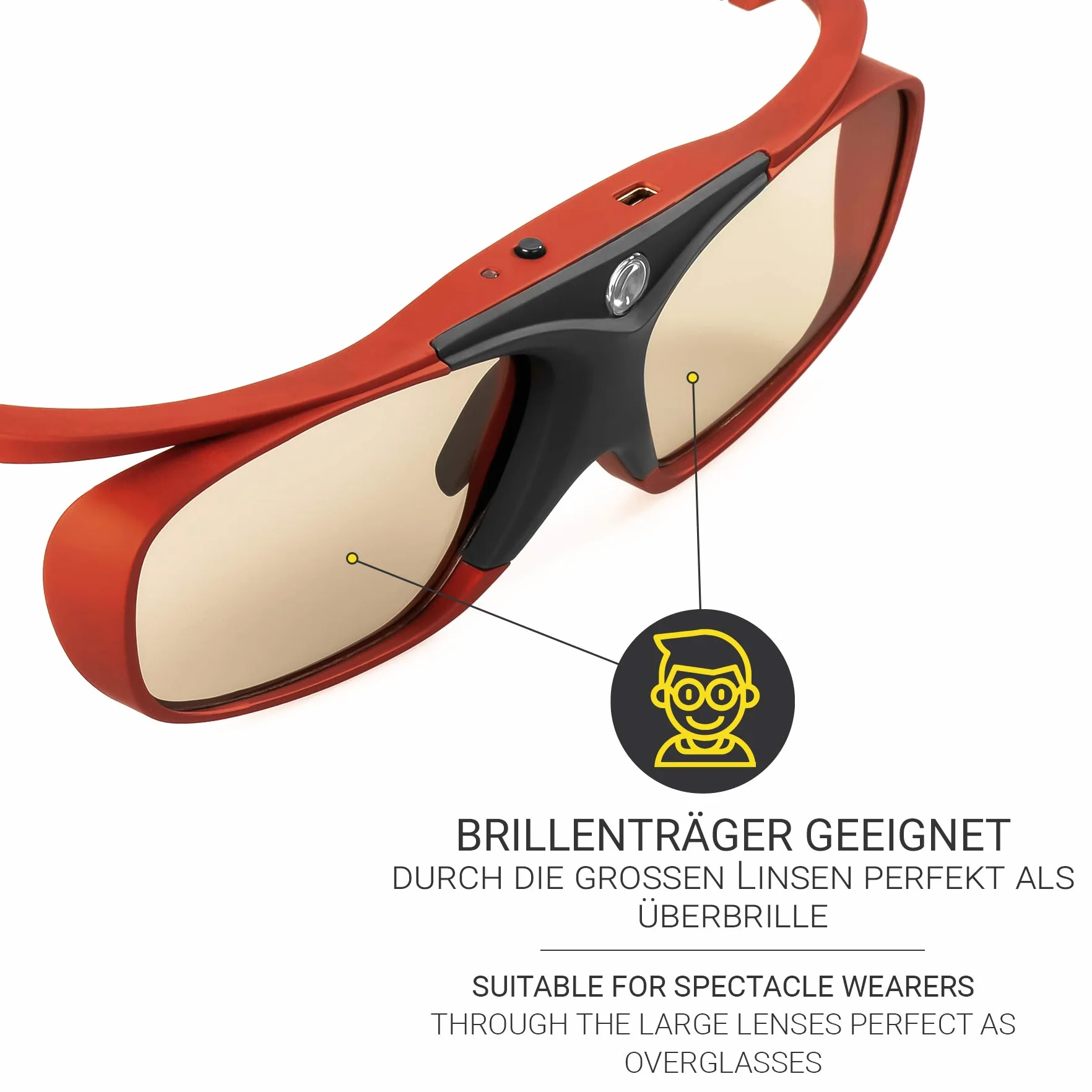 Hi-SHOCK RF Pro Scarlet Heaven Lunettes actives 3D pour vidéoprojecteurs 3D compatibles avec Sony, Epson, JVC - TDG-BT500A - TY-ER3D5ME / TY-ER3D6M - ELPGS03-120 Hz - rechargeables