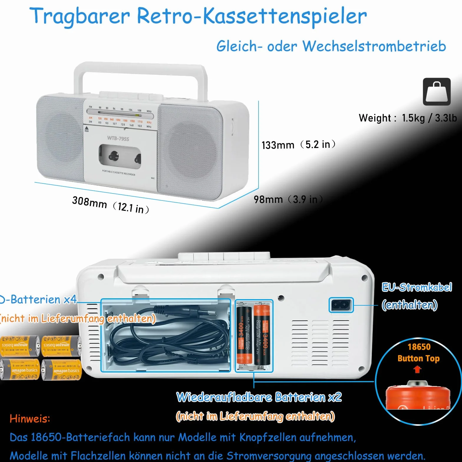 Lecteur cassette Boomboxe Bluetooth, enregistreur AM/FM/W, convertisseur cassette MP3, haut-parleur 10"