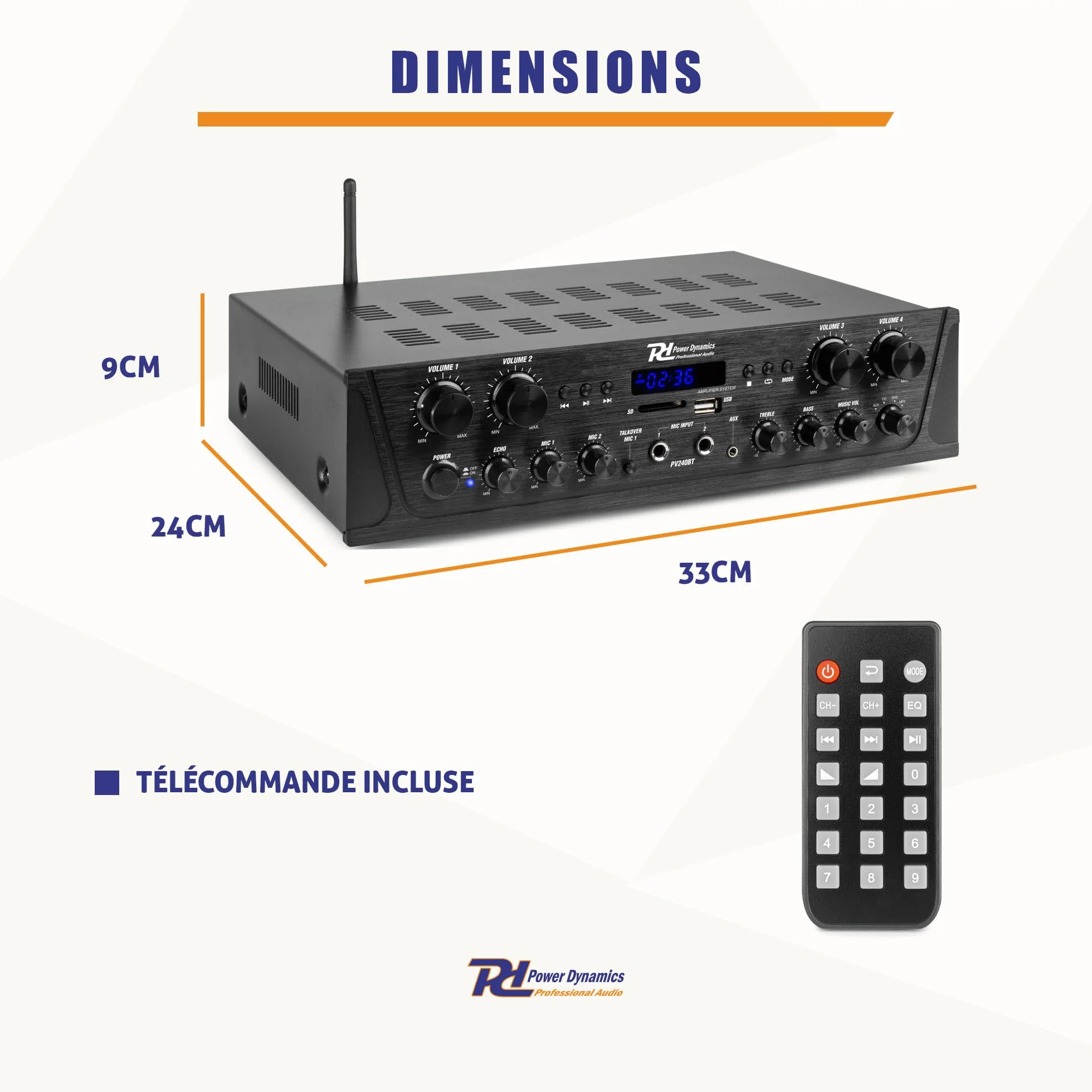 Power Dynamics PV240BT Système Audio 4 Zones 400W Amplificateur Bluetooth 8 Enceintes BGO30 Noires