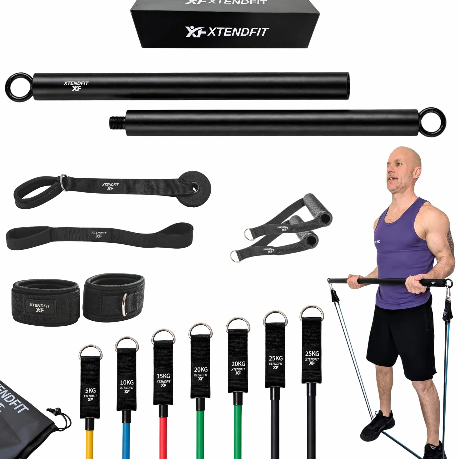 XTENDFIT Kit Musculation Élastique 10 Bandes Résistance 170kg Barre Renforcée