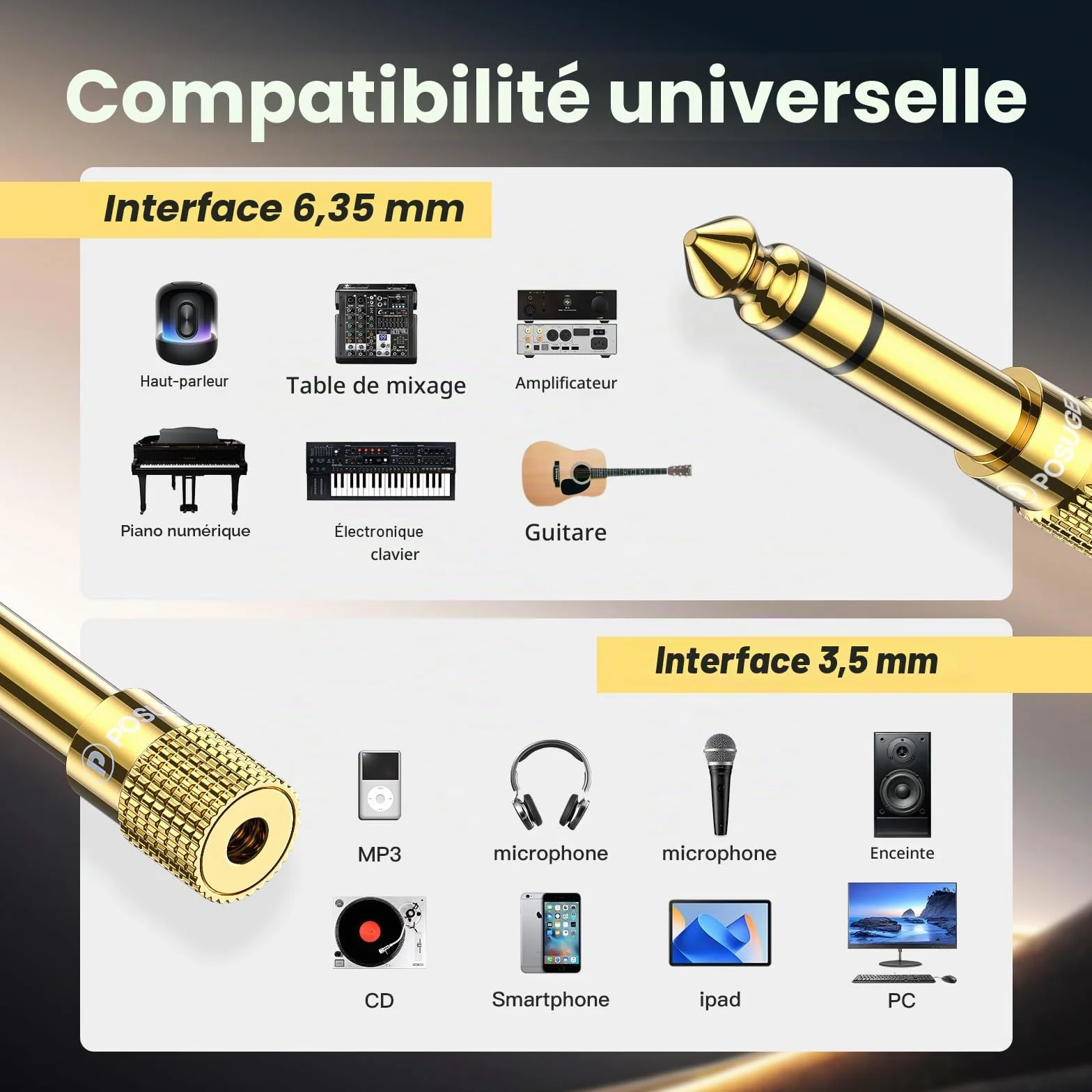 POSUGEAR Adaptateur Jack 6.35 mm Mâle vers 3.5 mm Femelle Audio Connecteur Stéréo Plaqué Or