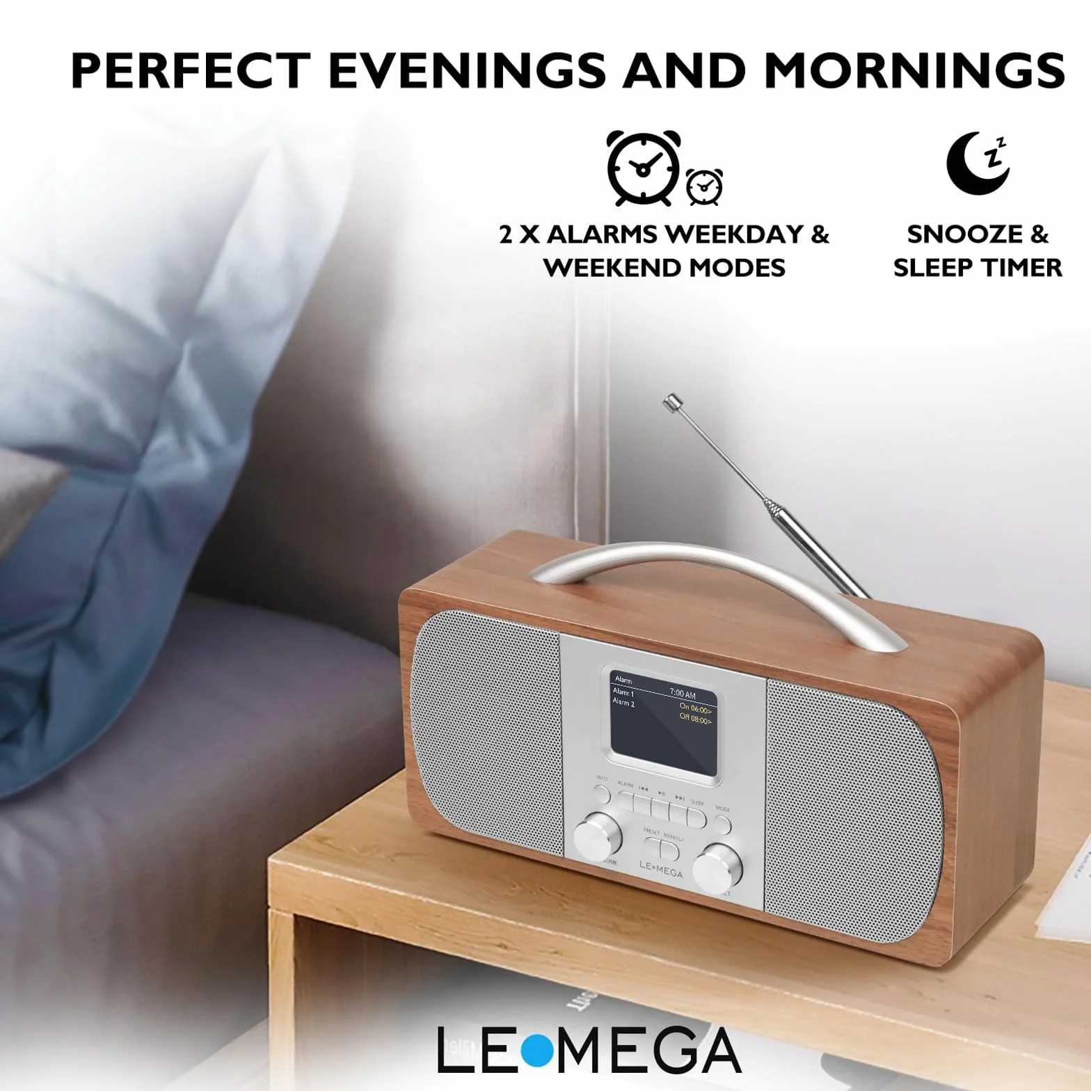 LEMEGA DR6 Poste Radio Stereo DAB/DAB+ Numérique avec Bluetooth, FM, Radio Réveil - Noyer