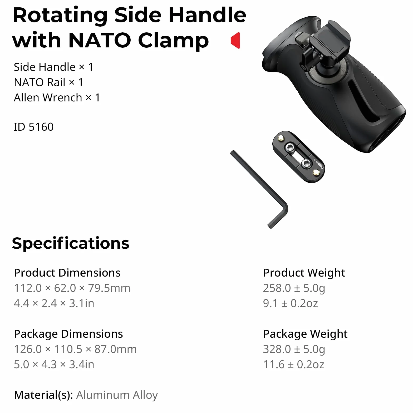 SMALLRIG Poignée Latérale Rotative à Bouton-Poussoir avec Pince OTAN, pour Gauchers et Droitiers, Rotation à 360° avec Silicone Antidérapant, Charge Max. 15 kg - 5160