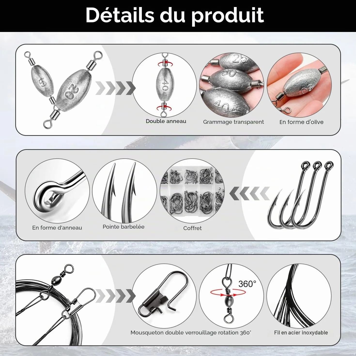 134 Pièces Plomb Pêche Mer Carpe en Forme d'Olive avec Émerillon Set Poids 5-60g