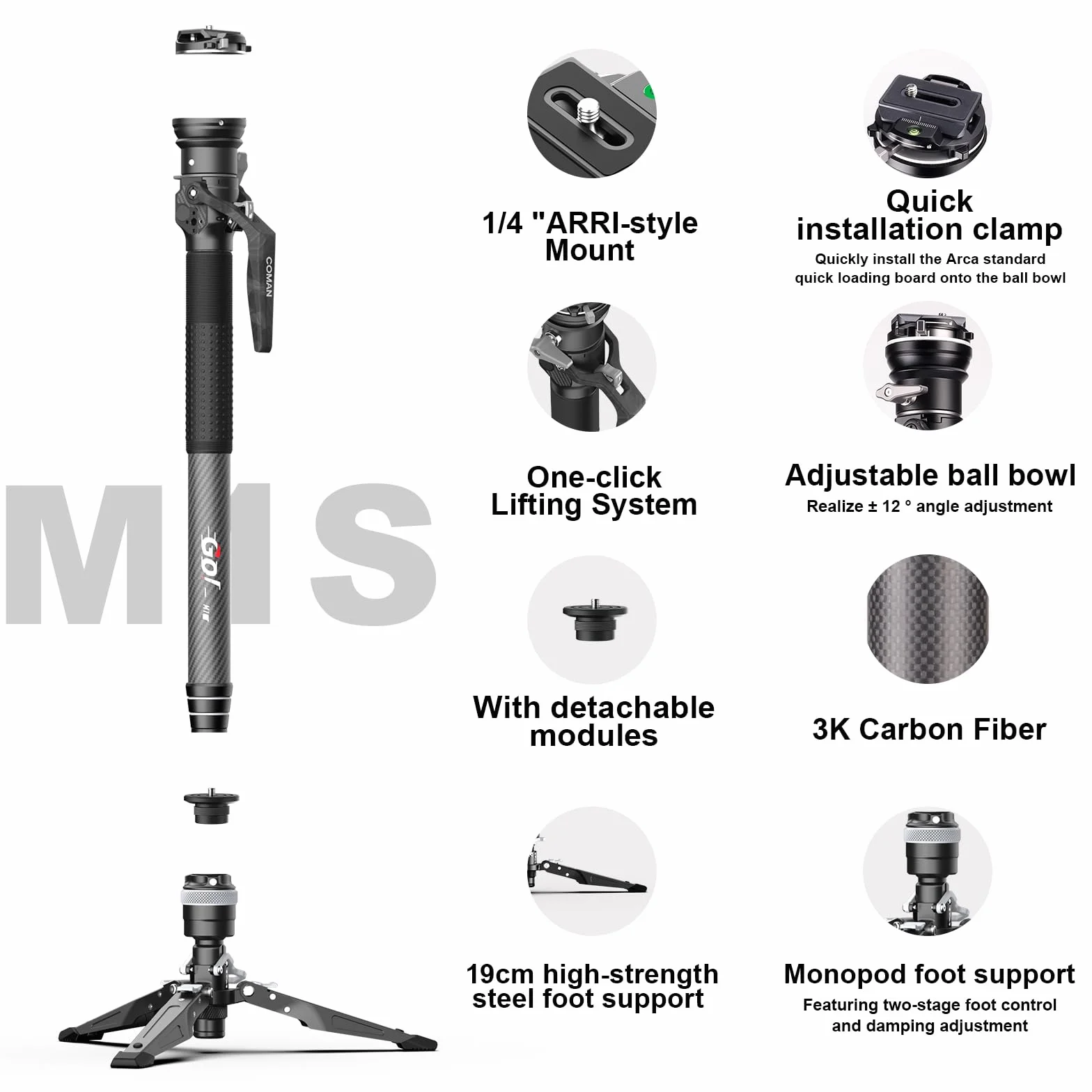 Monopode pour Appareil Photo, Monopode Extensible en Fibre de Carbone avec Pieds, 165cm avec tête à 360°, système de Fixation Rapide Arca, Charge Max 10 kg Caméra monopied (M1S)