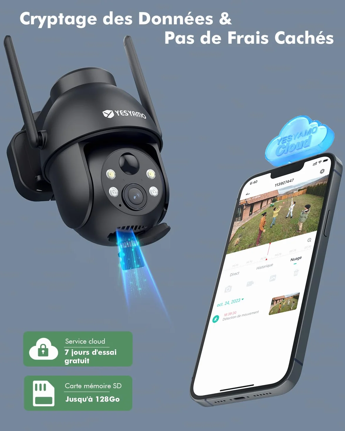 YESYAMO 2K Camera Surveillance WiFi Exterieure sans Fil Solaire, Panneau Solaire, 355° PTZ, Vision Nocturne Couleur, Audio Bidirectionnel, PIR Sirène Noir