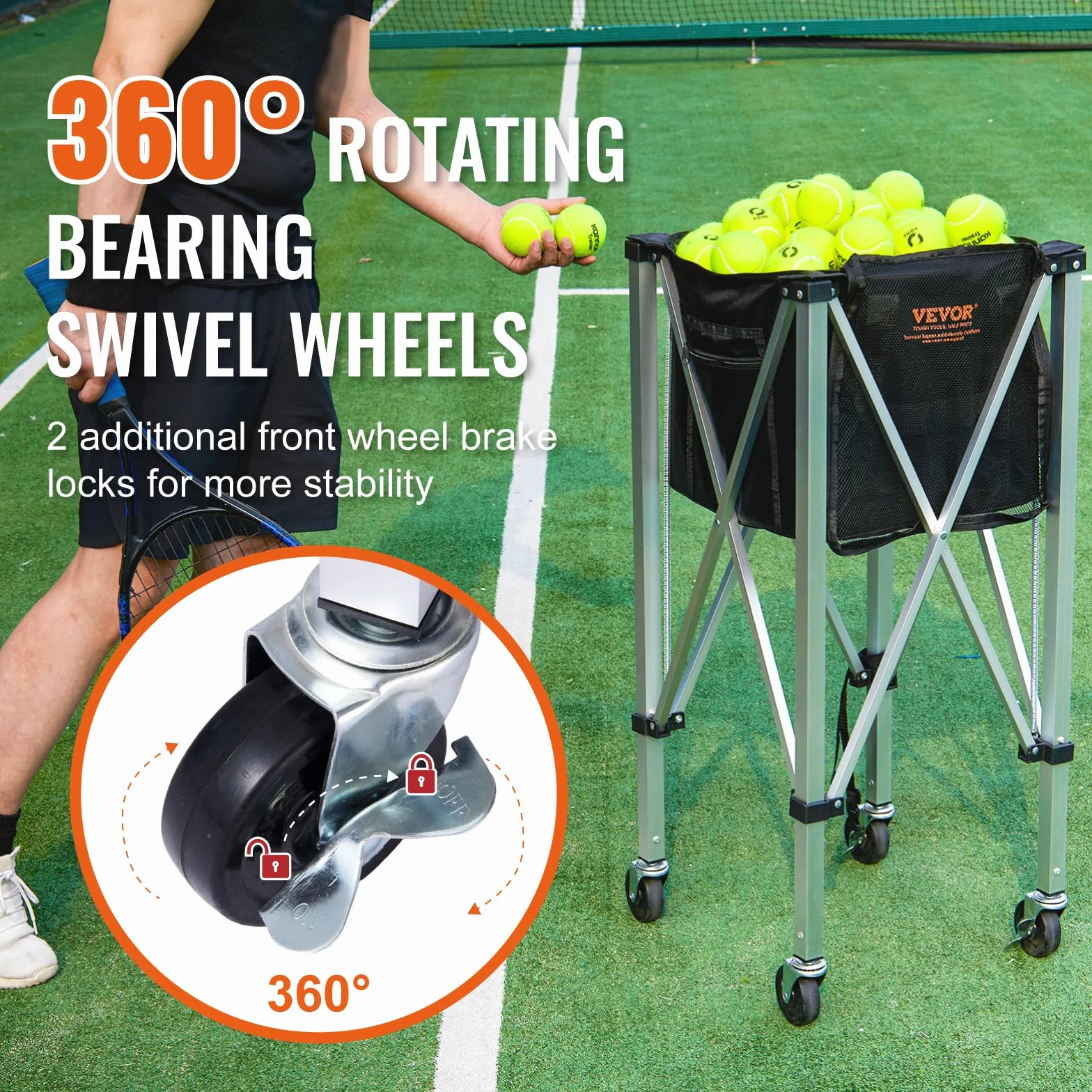 VEVOR Panier à Balle de Tennis Pliable 150 balles Chariot Alliage d'aluminium