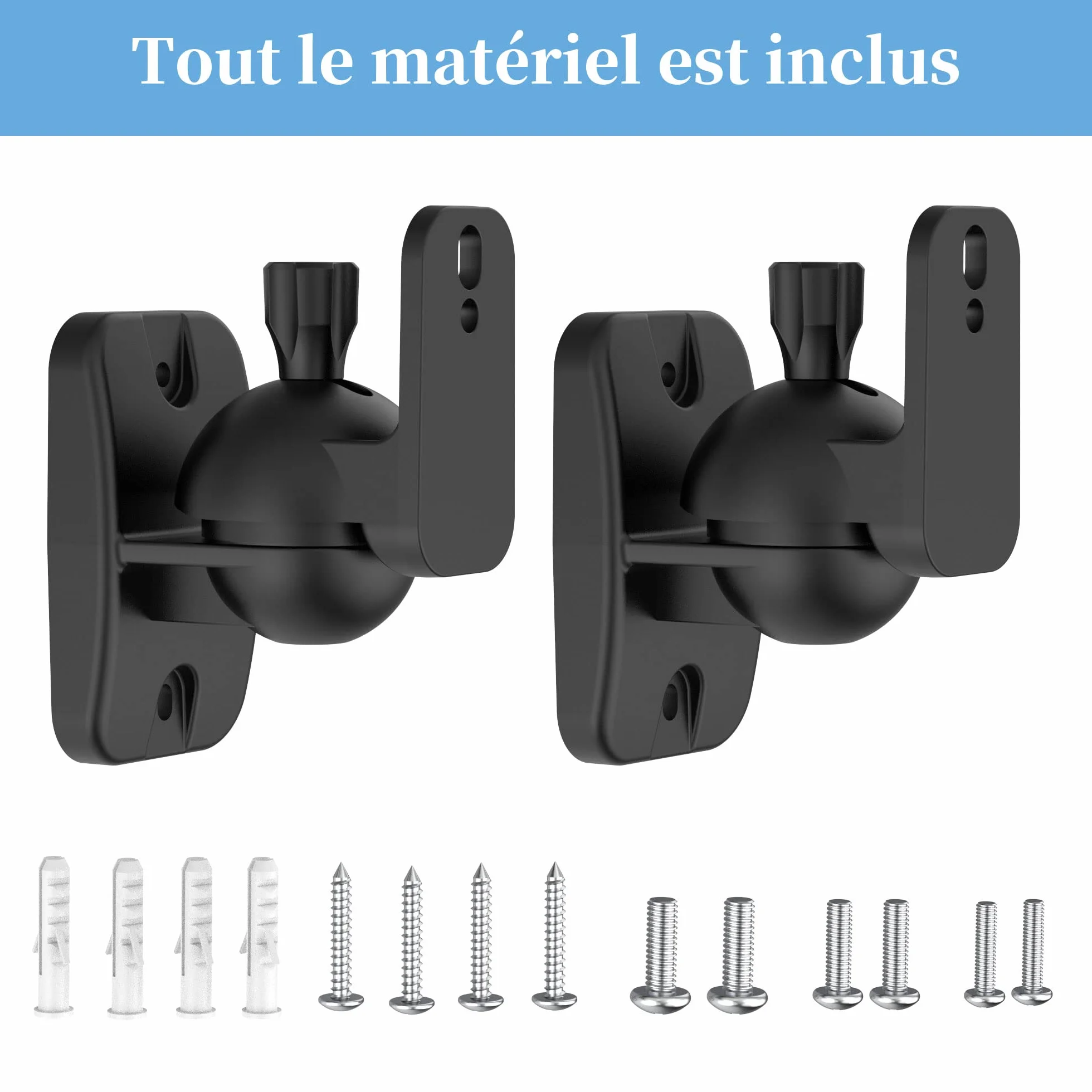 Cozycase Universel Support Mural pour Enceintes 2 pièces Rotation + Inclinaison Ajustable jusqu'à 3,5 kg, avec 3 Types de vis (Noir)