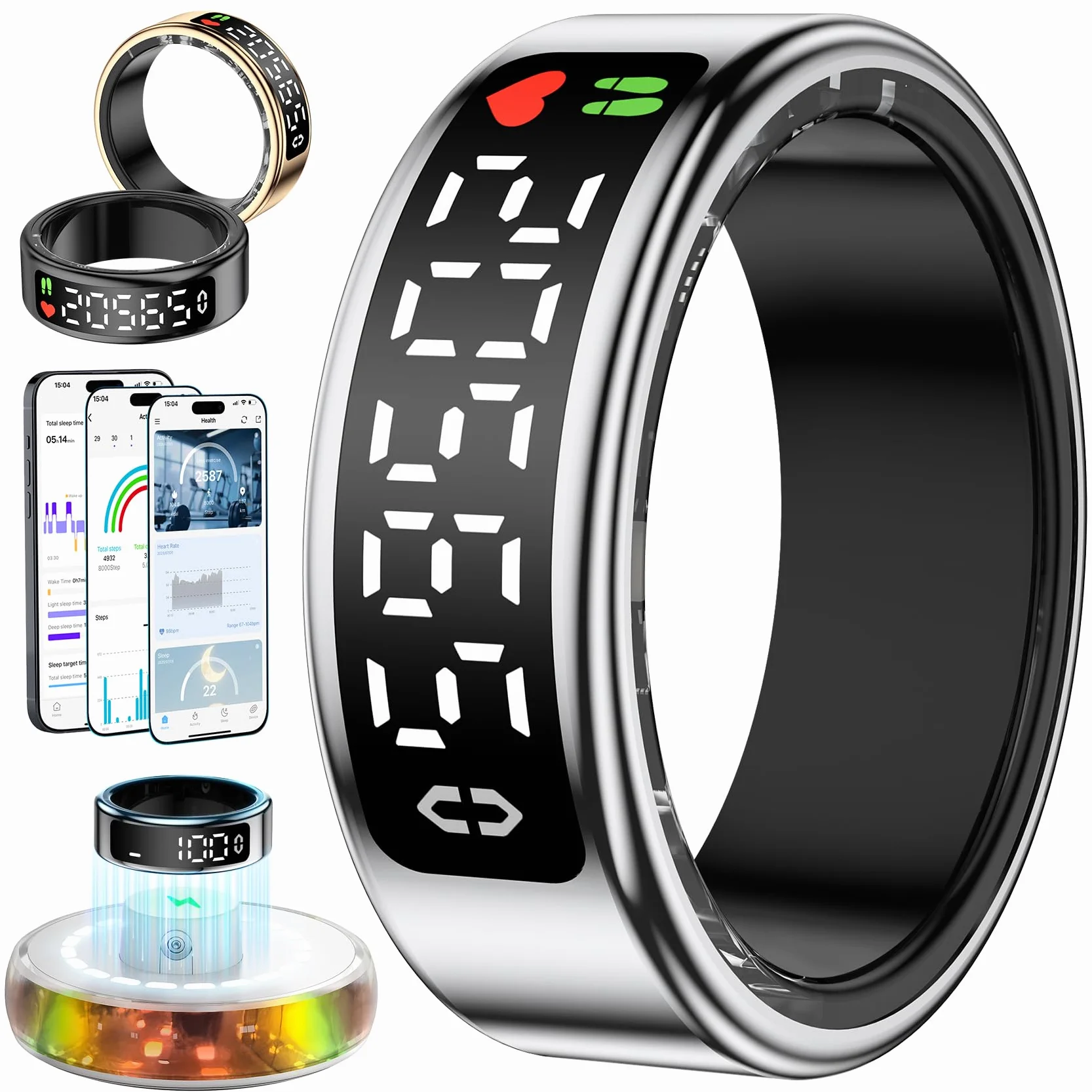 Smart Ring Homme Femme avec Écran LED, IP68, Trackers d'Activité Santé Fitness, Argenté 13