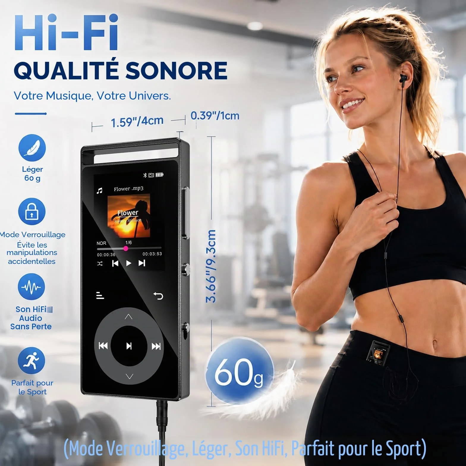 Lecteur Mp3 Bluetooth 5.3 Son HiFi, Boutons Tactiques, Structure Métall, Écran Couleur, Extension 128Go, Écouteurs Inclus Noir