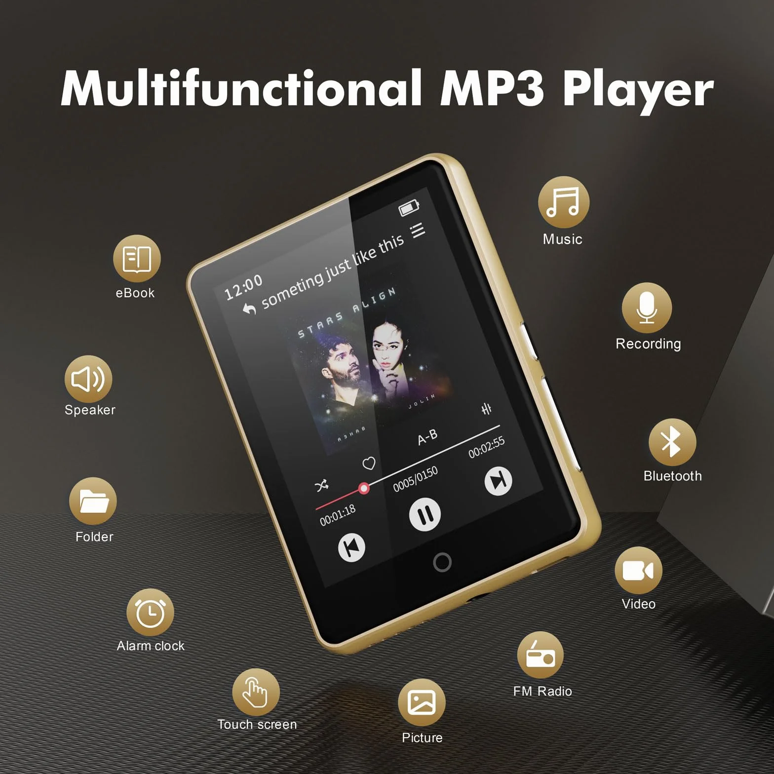 Lecteur MP3 Bluetooth 5.3 64Go 2.8" Écran HiFi Audio MP4 Baladeur Sport Radio FM Podomètre Enregistreur Carte 128Go Or