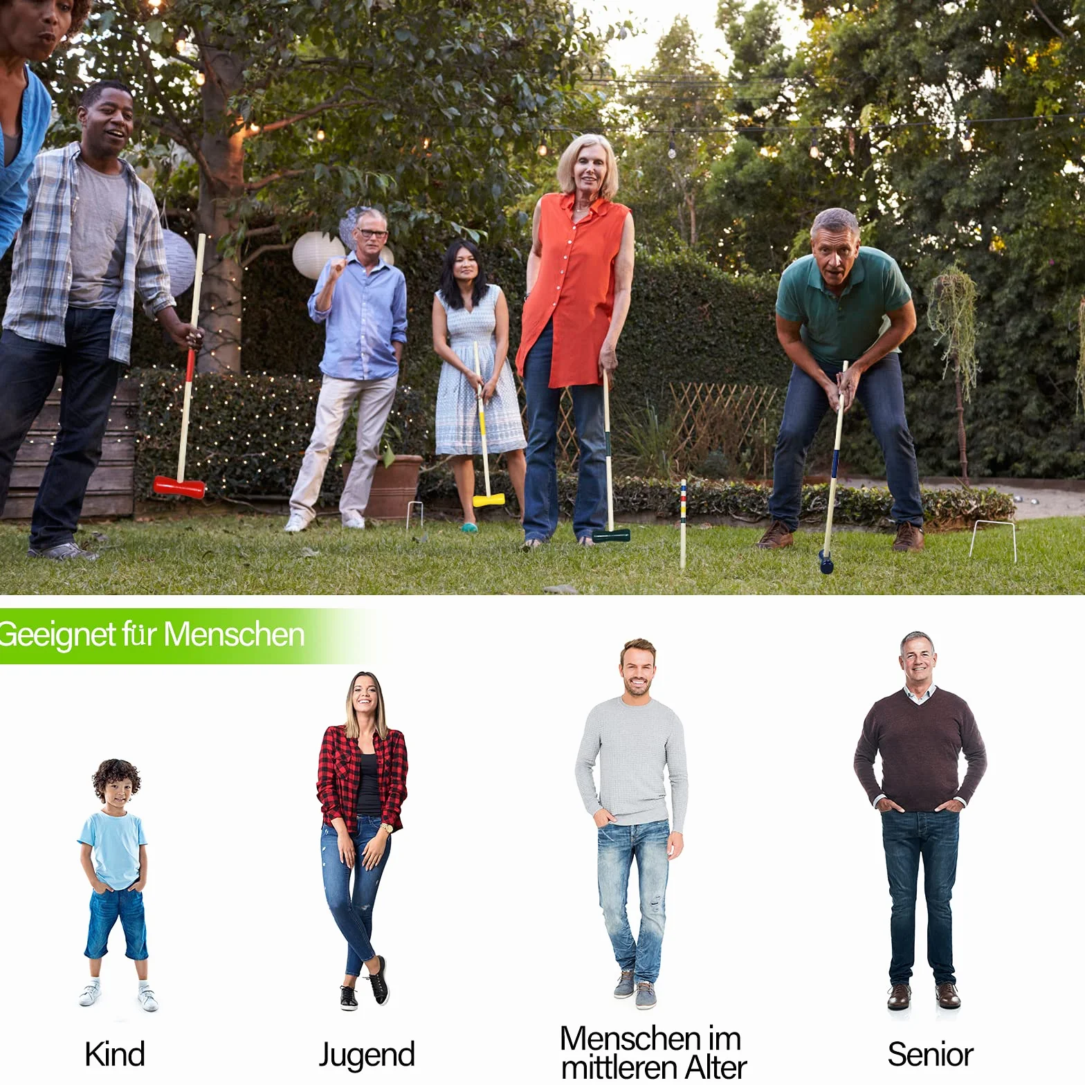 XMTECH Jeu de croquet en bois pour 4 joueurs - Kit complet avec piquets, enrouleurs et balles