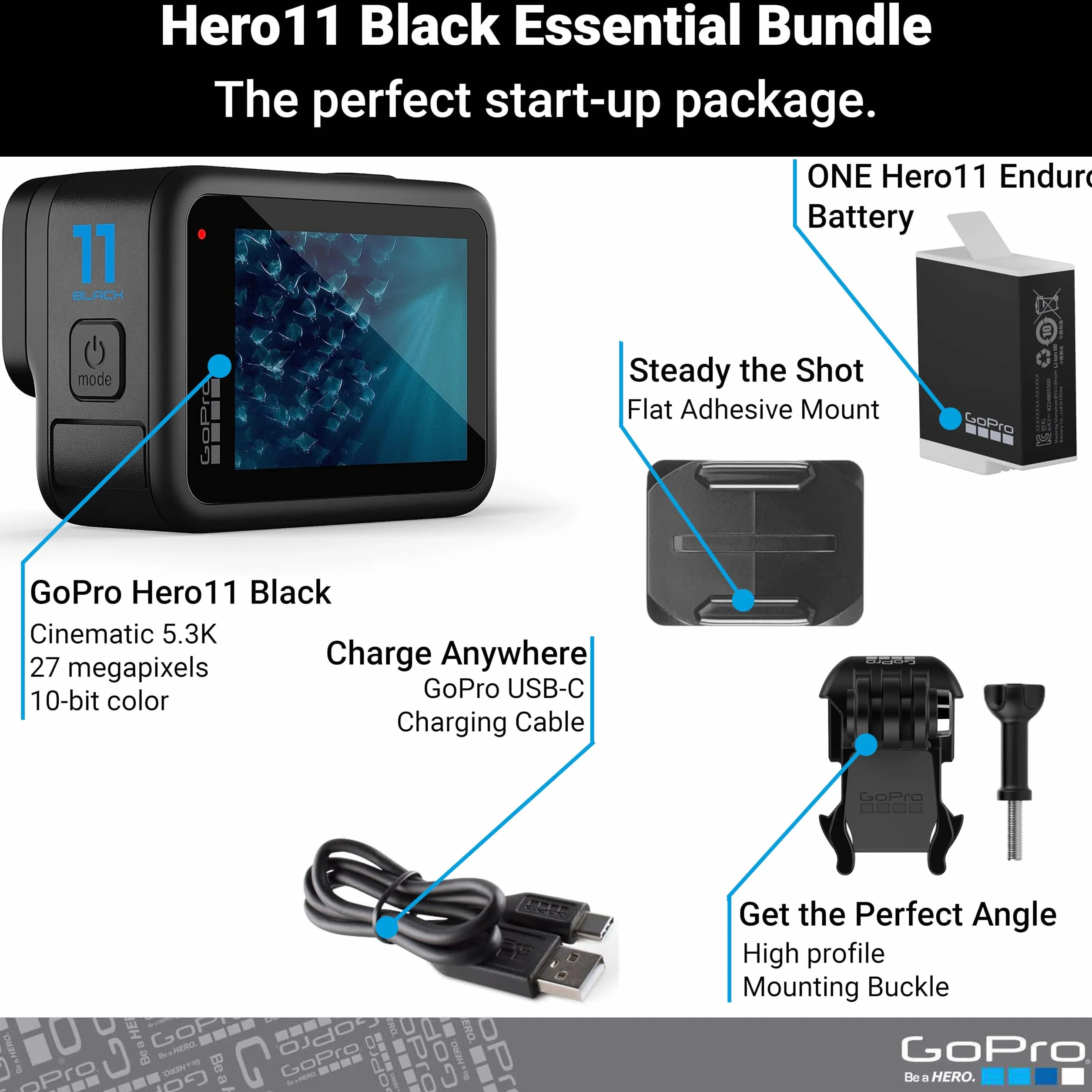 GoPro HERO11 Black - Emballage E-Commerce - Caméra d'action étanche avec vidéo Ultra HD 5,3K60, photos 27MP, capteur d'image de 1/1,9 pouces, Live-Streaming, Webcam, Stabilisation (Reconditionné)