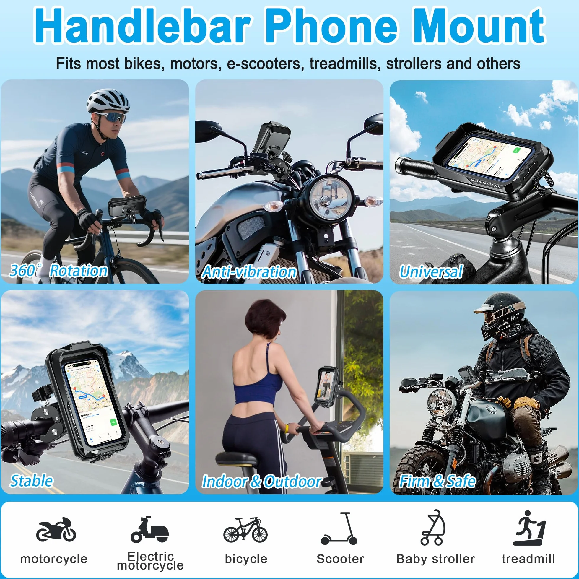 Support Téléphone Vélo Moto Universel 360° Rotation Porte Telephone Velo Guidon Etanche Support Telephone Trotinette Electrique Scooter avec Ecran Tactile pour Smartphones