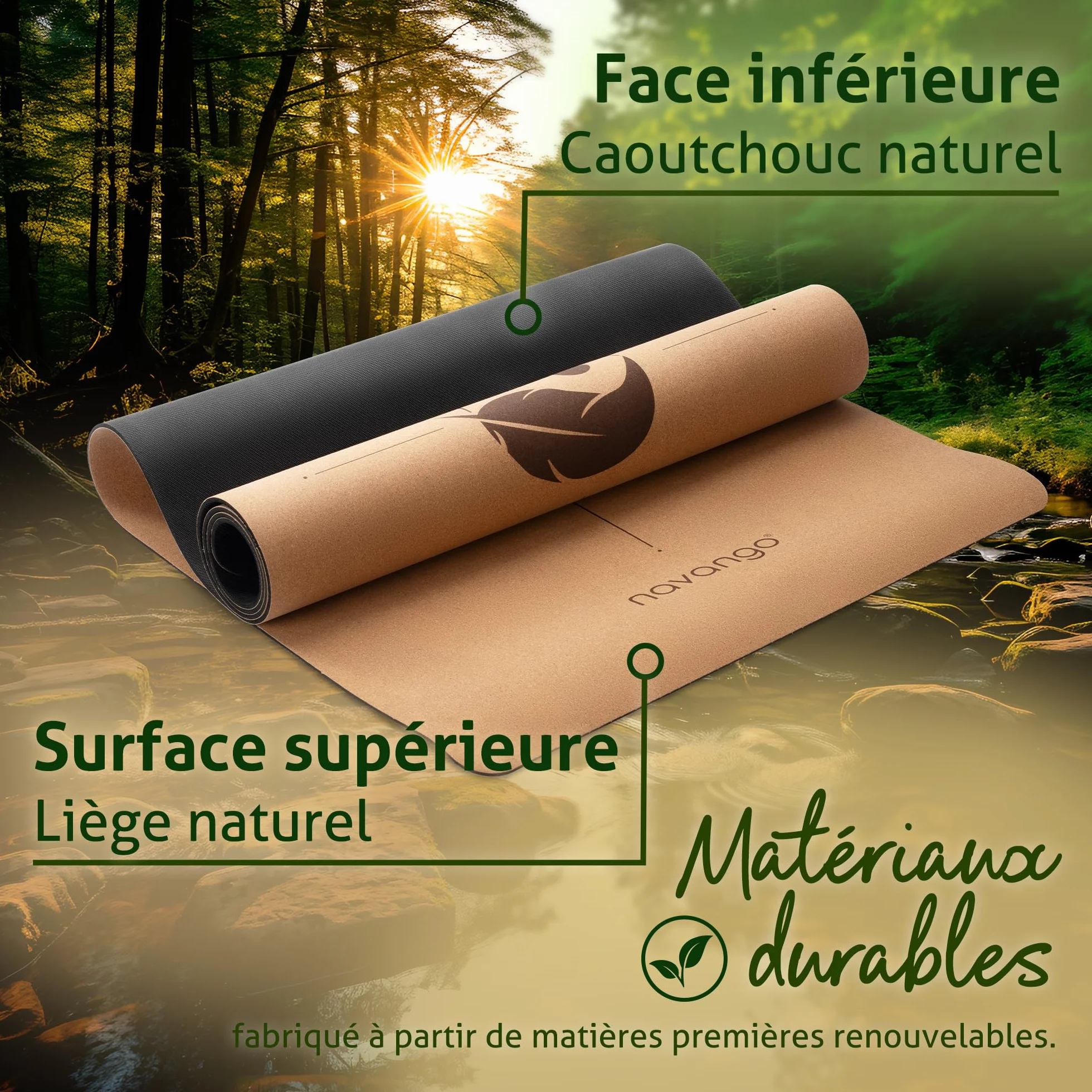Tapis de Yoga en Liège Naturel Antidérapant 183x61cm 4mm avec Sangle de Transport Lignes d’Alignement