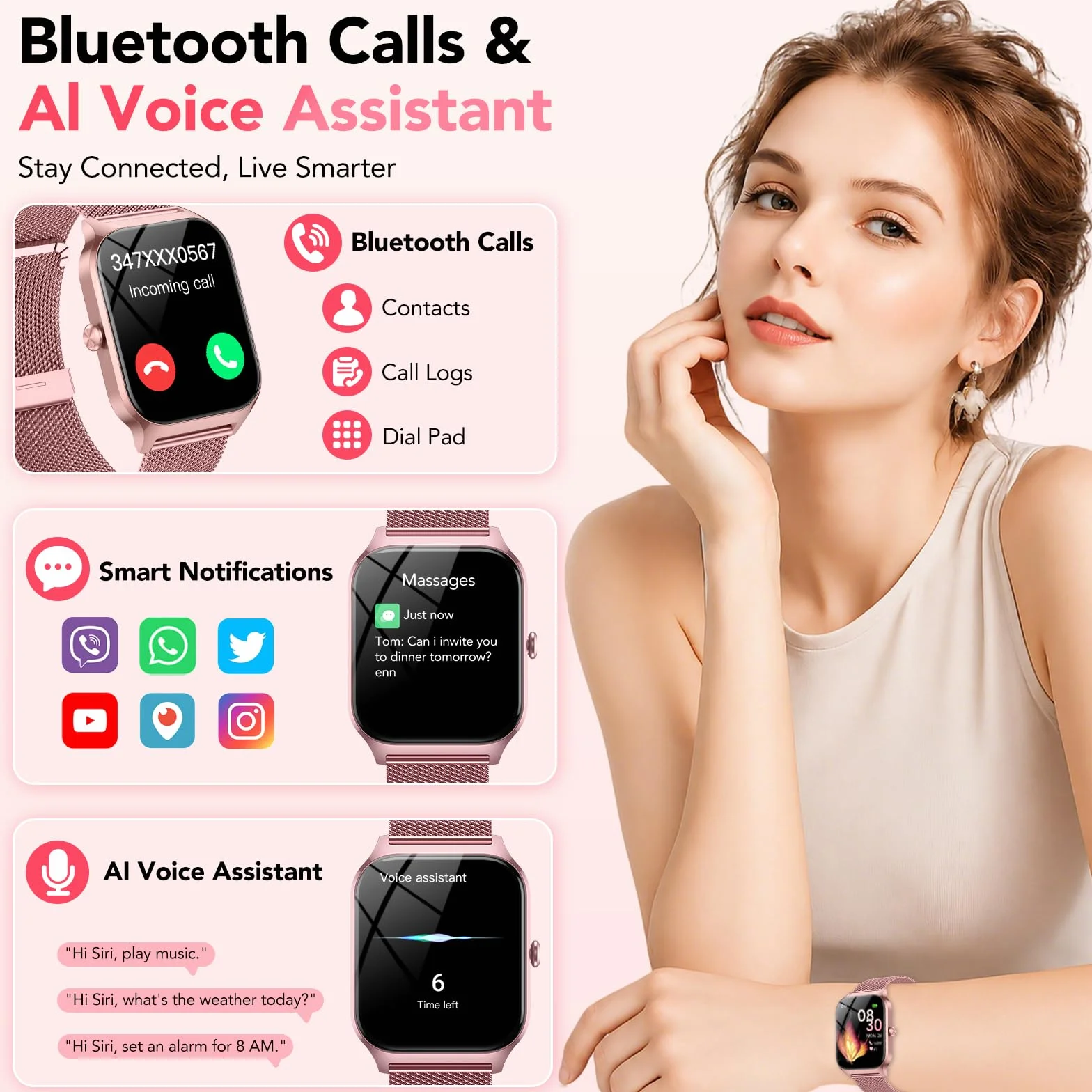 CASCHO Montre Connectée Femme avec Appel Bluetooth,1.85" HD Smartwatch Femme avec Fréquence Cardiaque/Sommeil/SpO2, 120+ Modes Sportifs, IP68 Étanche Fitness Tracker, Montre pour Android iOS Rose