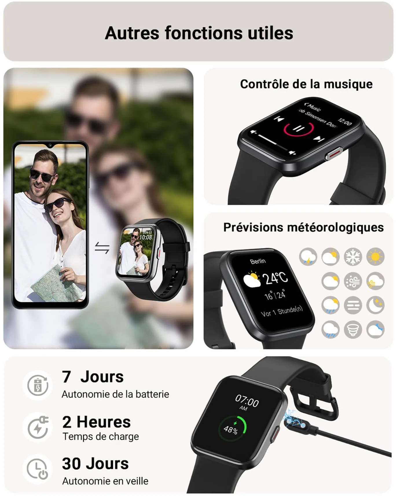 Montre Connectée Homme, 1,85" Femme Smartwatch pour Samsung iPhone Android, Alexa intégrée 3ATM 100+ Modes Sportifs Moniteur de SpO2/Sommeil/Fréquence Cardiaque/Podometre/Calories Noir