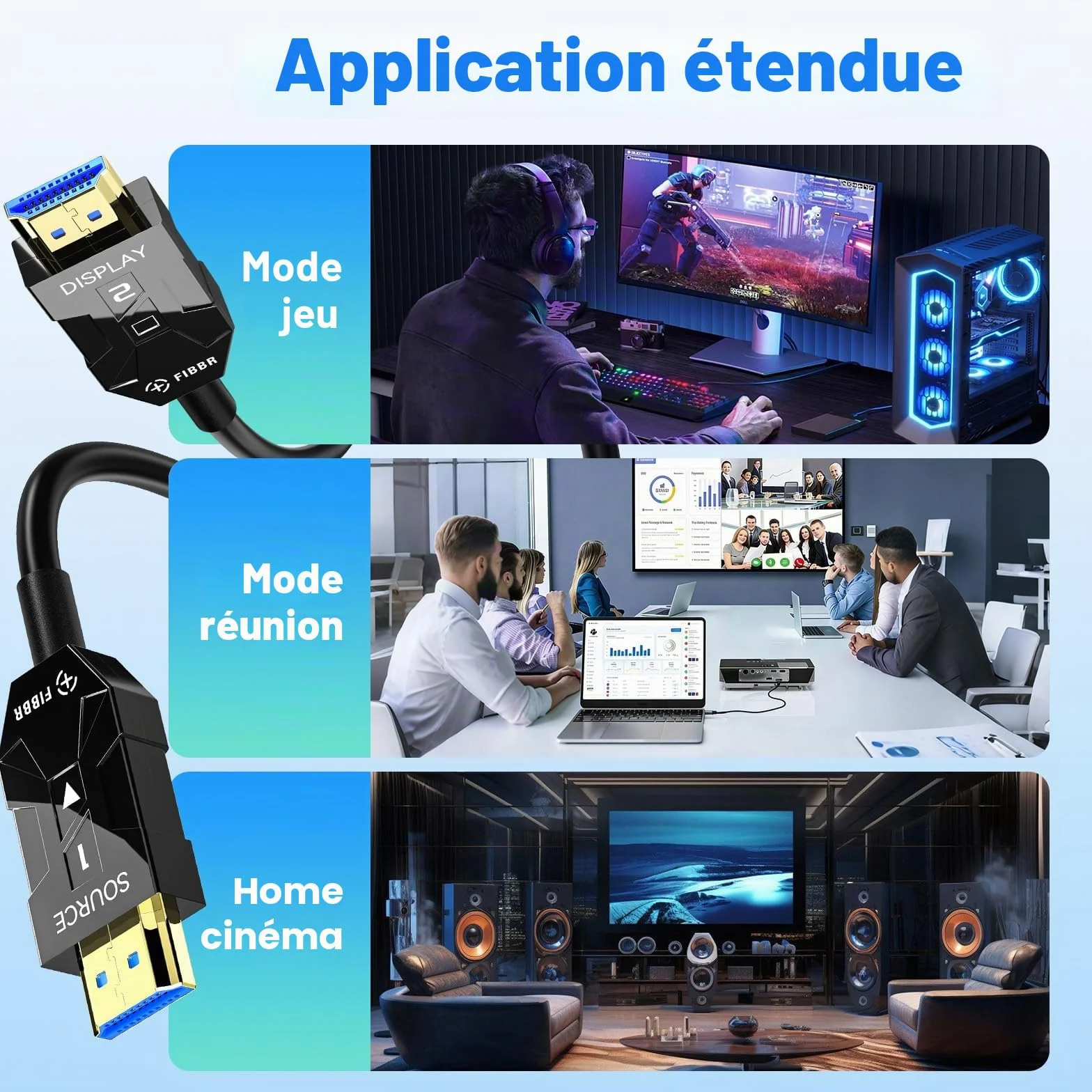 FIBBR 8K HDMI 2.1 Câble Optique 10M, 48Gbps Ultra Rapide HDMI Câble Actif AOC, 8K@60Hz 4K@120Hz/144hz eARC HDCP 2.2 et 2.3 Dynamic HDR Dolby Sound pour Home Cinéma, Amateurs de Jeux, Vidéo HD