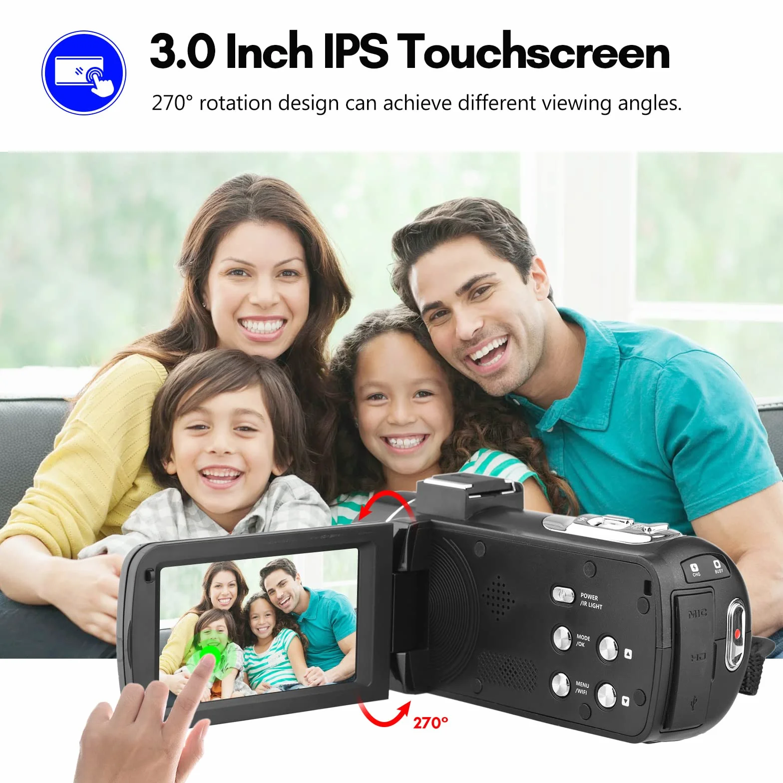 Caméra vidéo numérique 4K Caméscope WiFi Enregistreur DV 56MP Zoom numérique 18X Écran Tactile IPS 3,0 Pouces avec 2 Piles + télécommande + Sac de Transport
