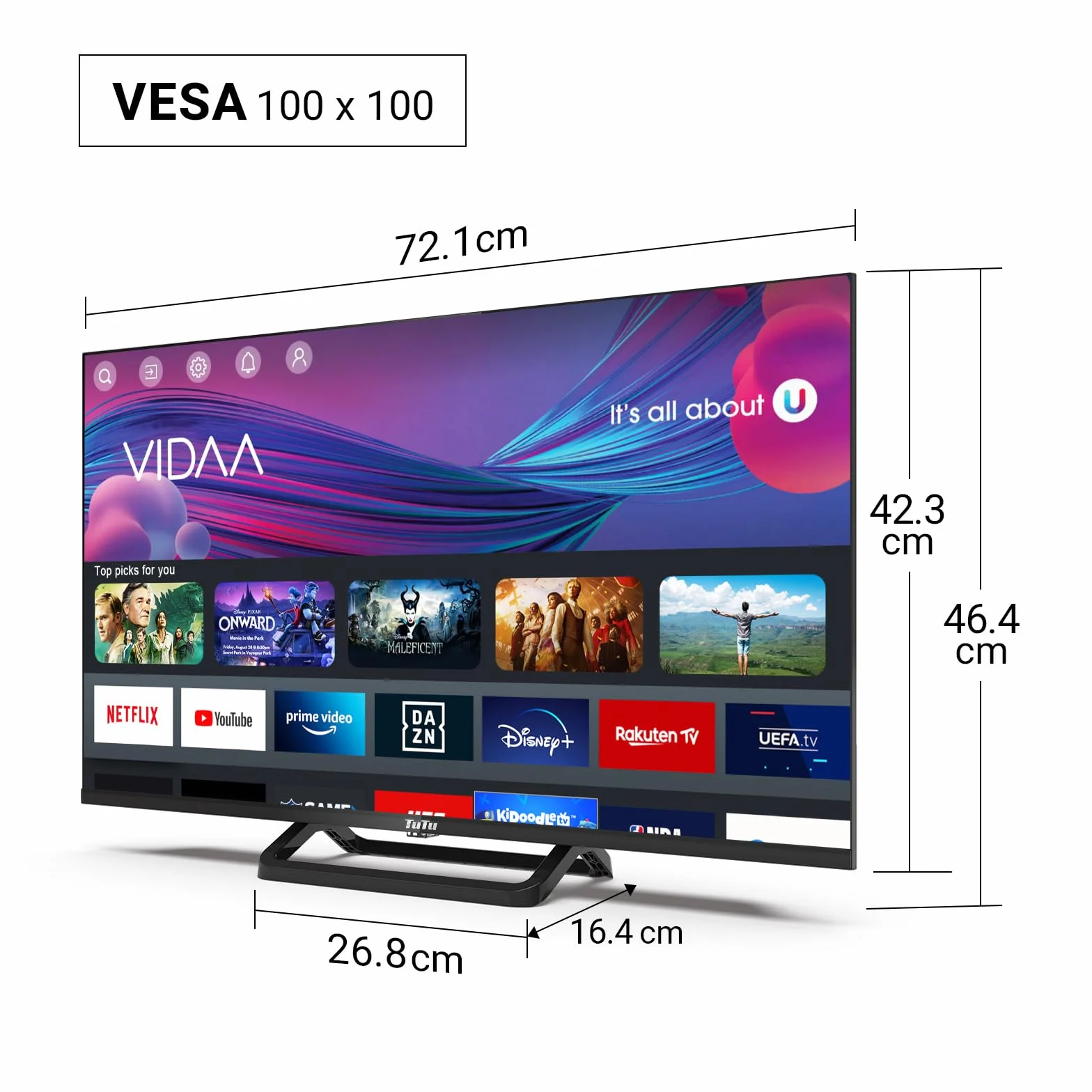 TuTu TUV32FN1B Smart TV 32 Pouces 80 cm Full HD sans Bord Connectée Télévision WiFi Bluetooth App Store AirPlay Triple Tuner