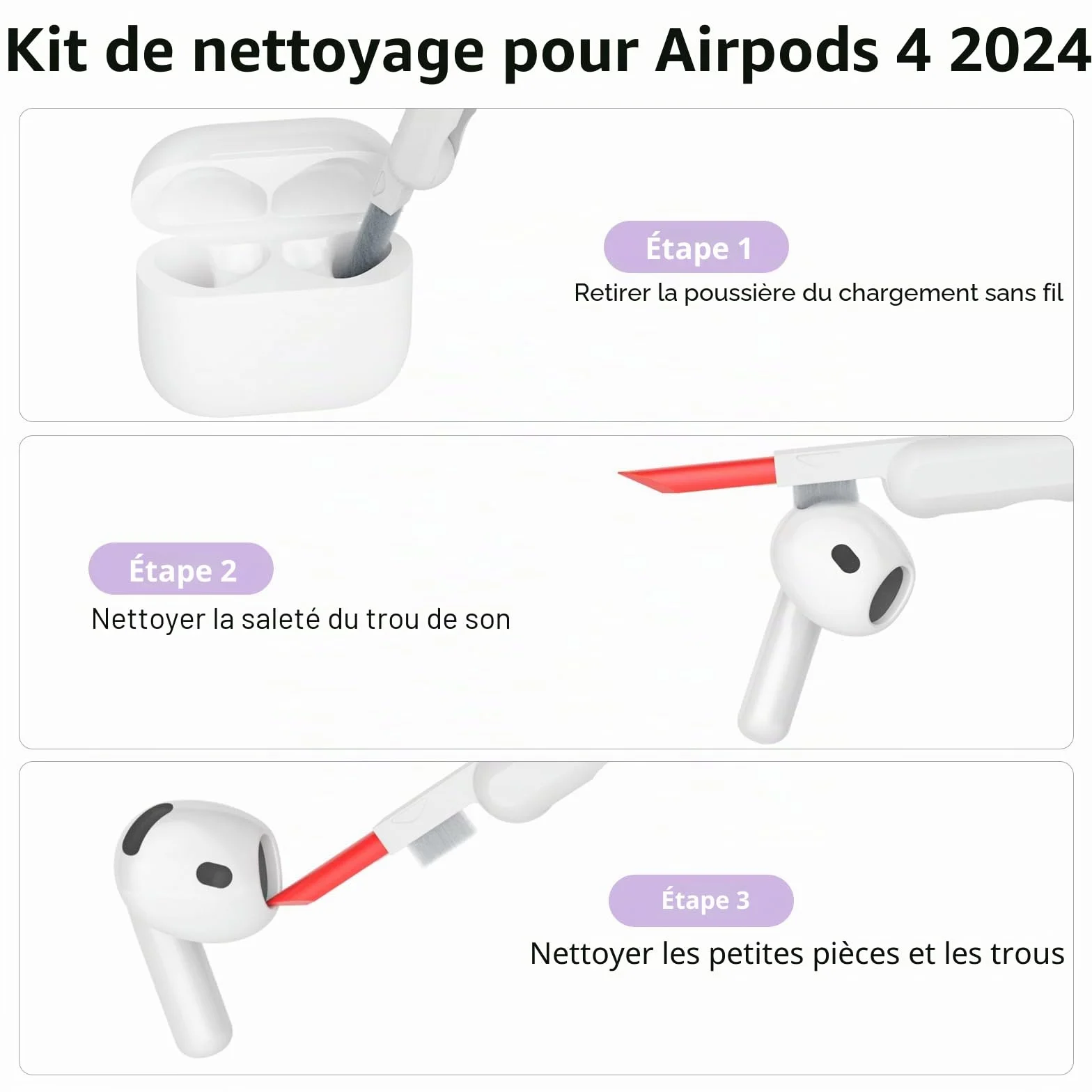 Coque Étui Protecteur Compatible avec AirPods 4 2024, LED Avant Peut être Visible, Housse en Silicone Anti-Choc Etui de Protection pour Airpods 4ᵉ Génération avec Kit de Nettoyage, Lavande