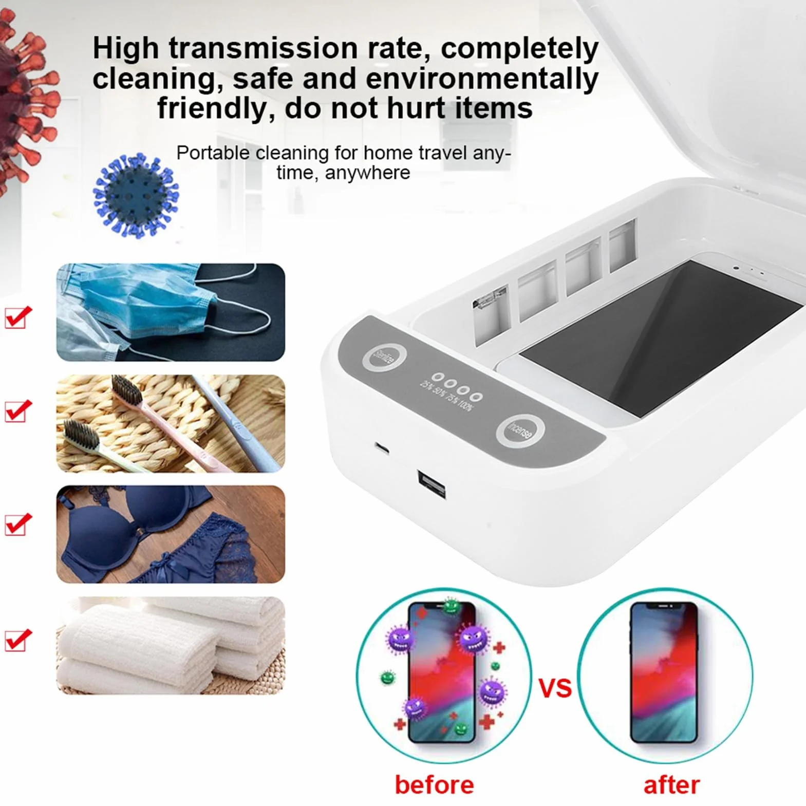 Boîte de Nettoyage désinfectante UV pour téléphone Portable, lumière UVC 360°, Outil de Nettoyage pour téléphone Portable, Accessoire avec Mode de stérilisation Rapide pour