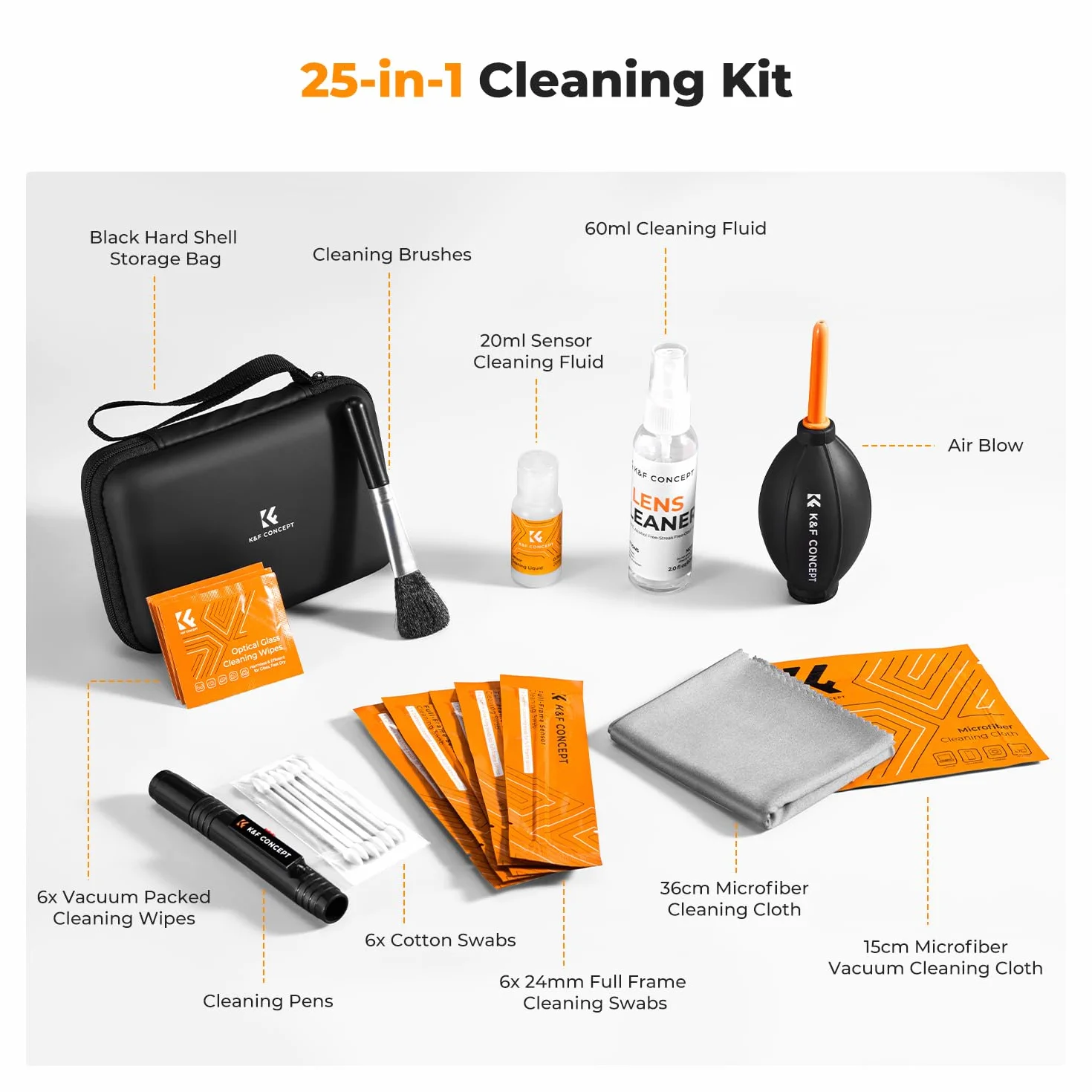 K&F CONCEPT 25 en 1 Kit de Nettoyage pour Appareil Photo avec Stylo, Soufflante, Chiffon Nettoyage, Liquide, 24MM Nettoyeur Capteur Plein Format, Brosse pour Objectif d'Appareil Photo DSLR, Téléphone