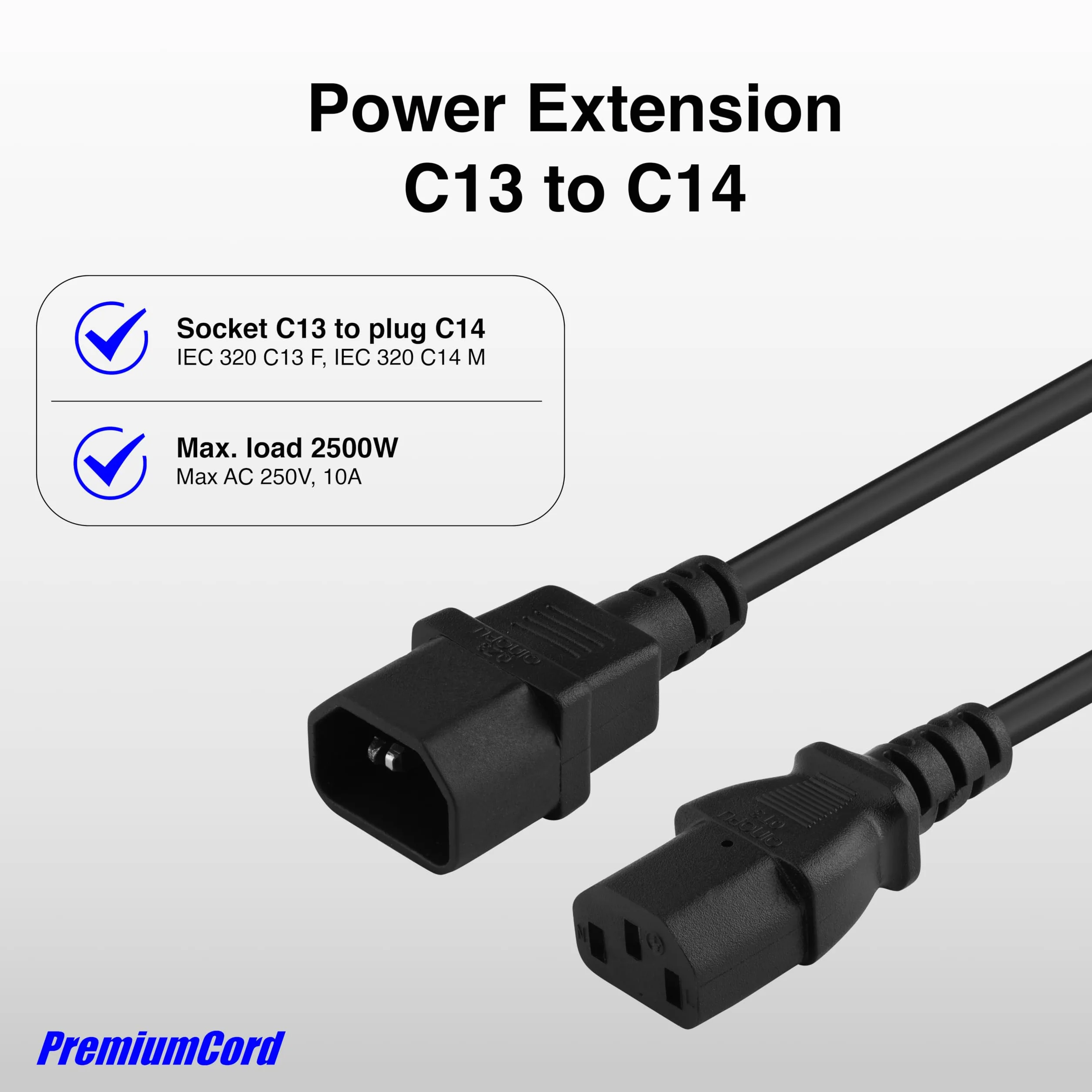 PremiumCord Extension d'alimentation pour PC 230V 5m, Rallonge IEC 320, Prise à Fiche, IEC 320 C13 pour C14, Câble d'alimentation, Couleur Noire
