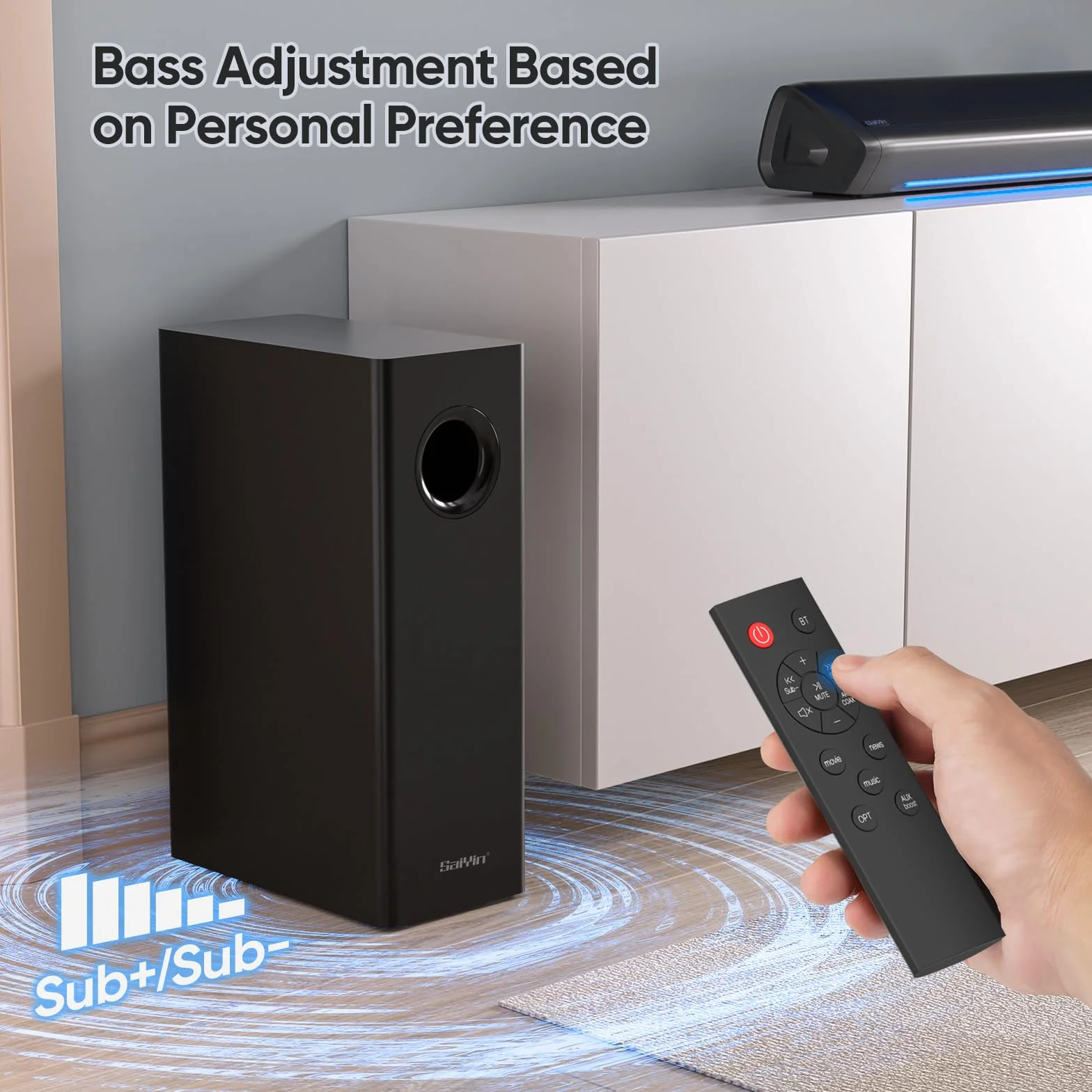 Saiyin Barre de Son 17 Pouces 2.1ch avec Caisson de Basses, Bluetooth/Optique/AUX pour TV