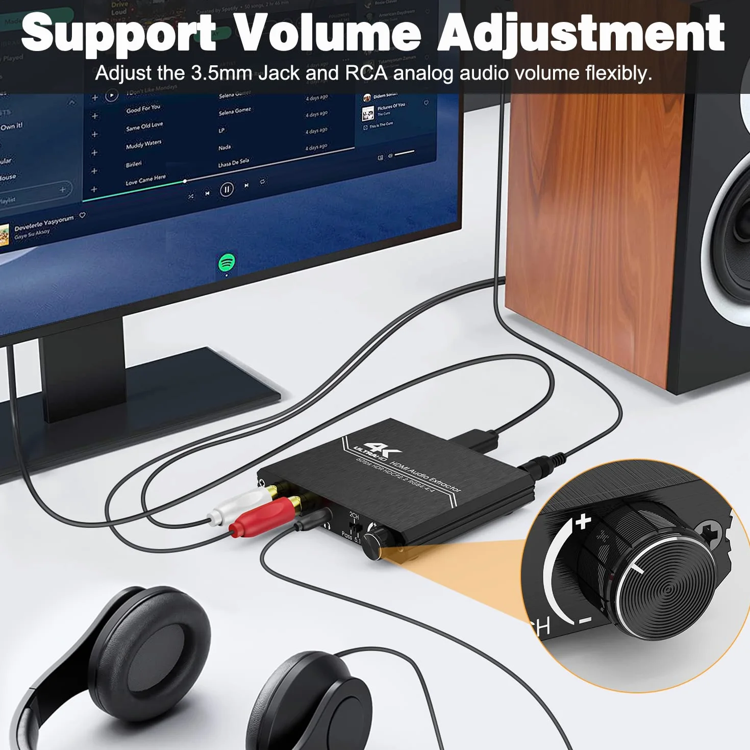 Tendak Extracteur Audio HDMI 2.0 – Répartiteur Audio HDMI 4K vers Spdif Optique 3,5 mm AUX Stéréo RCA L/R Convertisseur Audio avec Contrôle Volume Prise en Charge 4K@60Hz HDCP 2.2 HDR 3D YUV 4:4:4