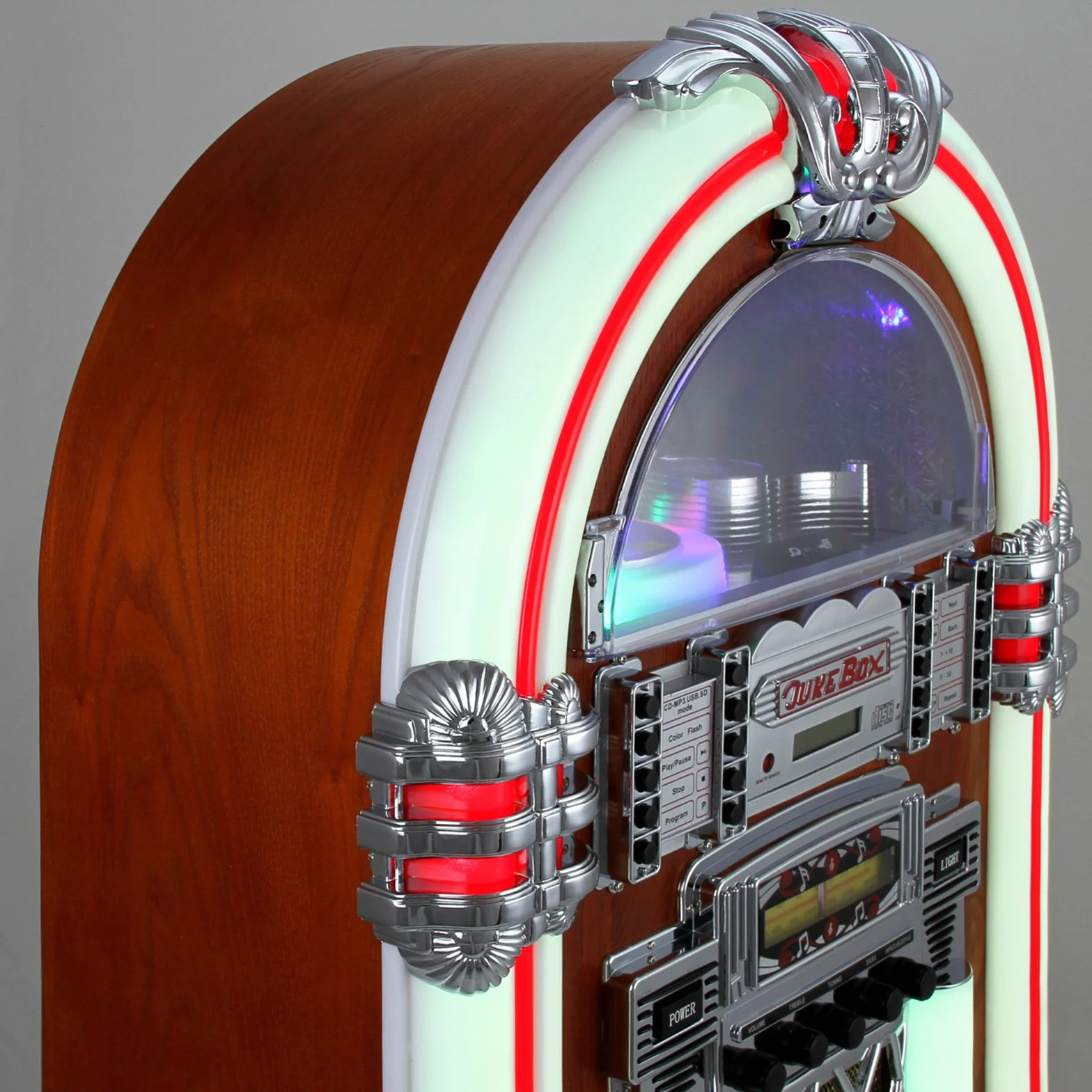 Jukebox Style Rétro Années 50 avec Éclairages LED Couleurs Changeantes, Bluetooth, AUX, Lecteur CD, Radio AM/FM