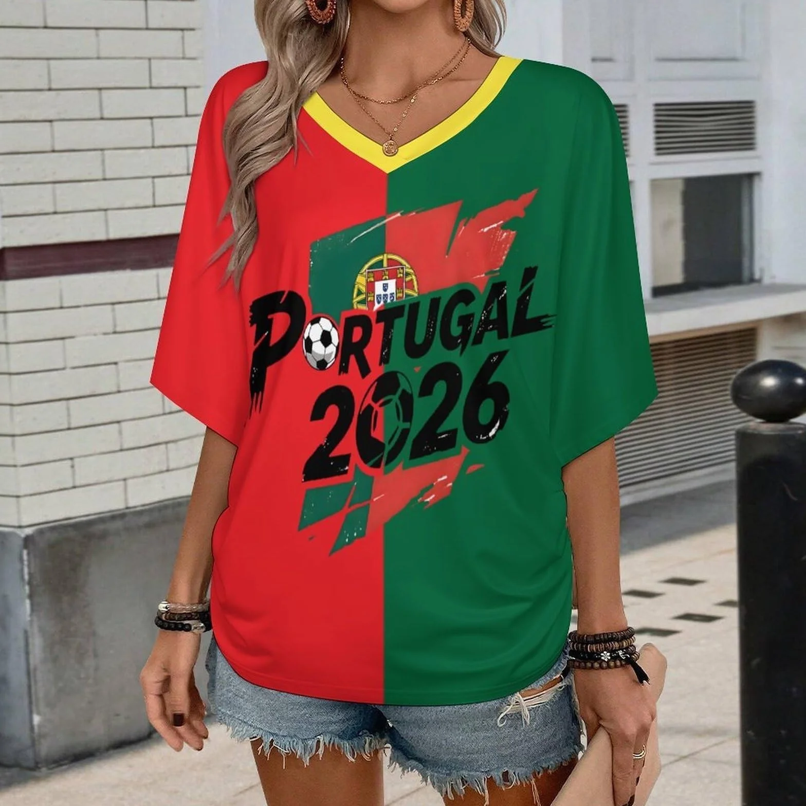 T Shirt Personnalisé Femme Fan Foot Coupe du Monde Oversize Col V Imprimé Drapeau National Maillot Manches Courtes 2026