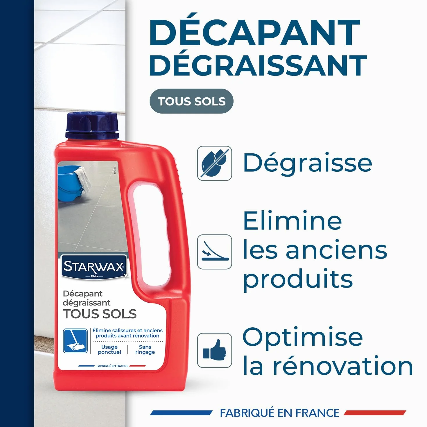STARWAX Décapant Dégraissant Sans Rinçage 1L Tous Sols Carrelages PVC Parquets Vitrifiés 80m²
