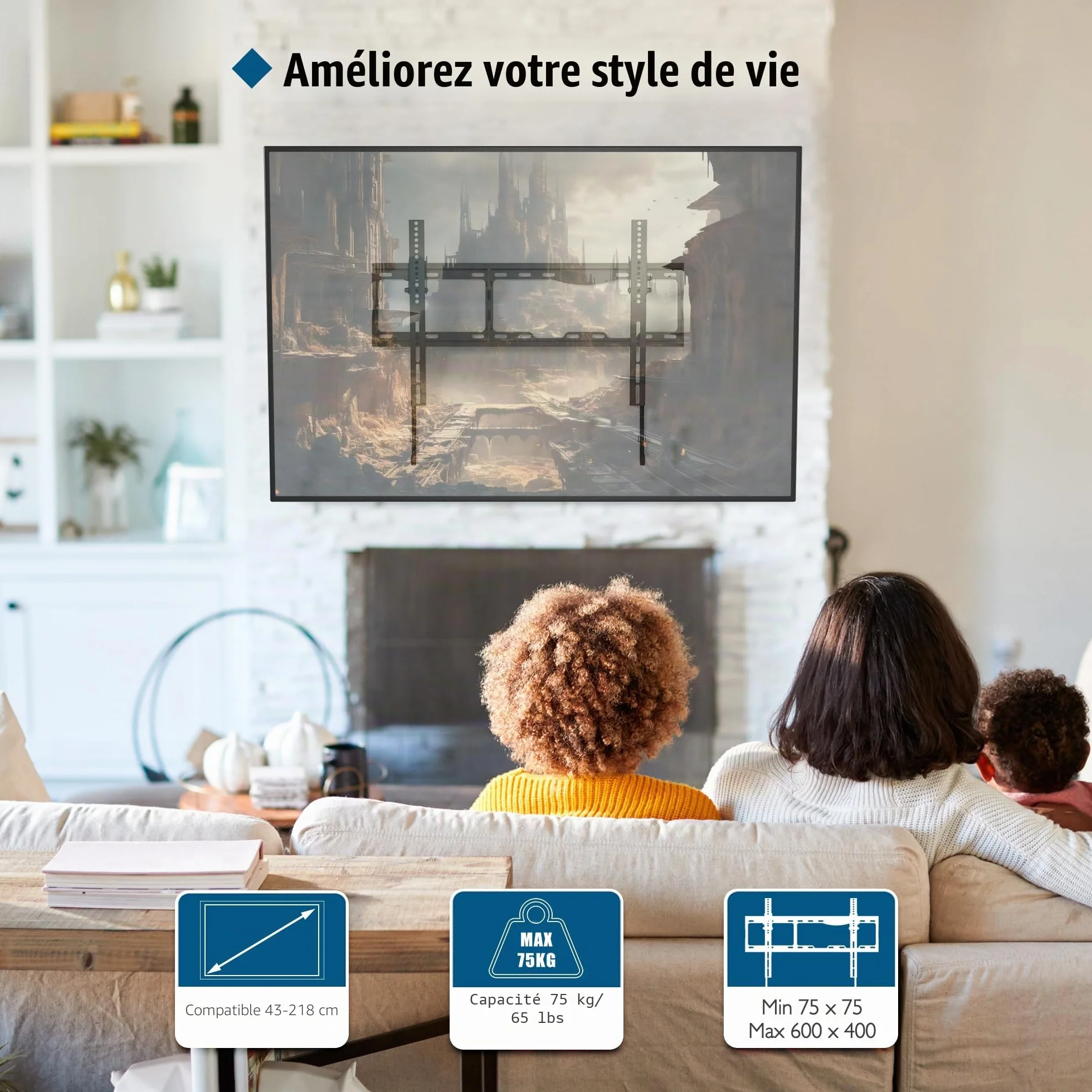 BONTEC Support Mural TV 17-86 Pouces, Fixation Murale Inclinable jusqu'à 75 kg, Compatible VESA 75x75 à 600x400mm, Support TV Mural Orientable avec Niveau à Bulle et Attaches de Câble Inclus