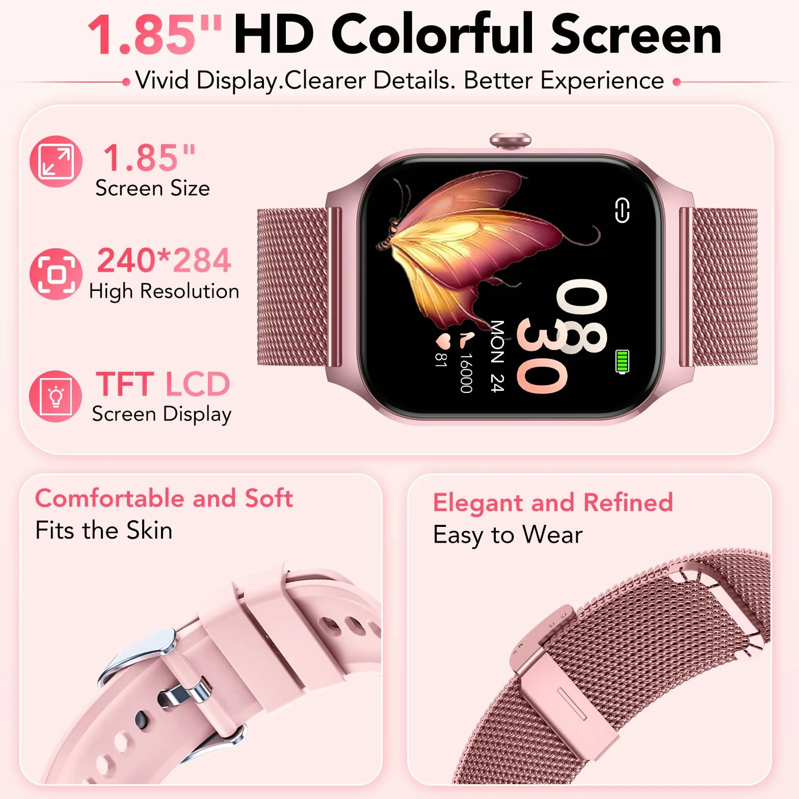 CASCHO Montre Connectée Femme avec Appel Bluetooth,1.85" HD Smartwatch Femme avec Fréquence Cardiaque/Sommeil/SpO2, 120+ Modes Sportifs, IP68 Étanche Fitness Tracker, Montre pour Android iOS Rose