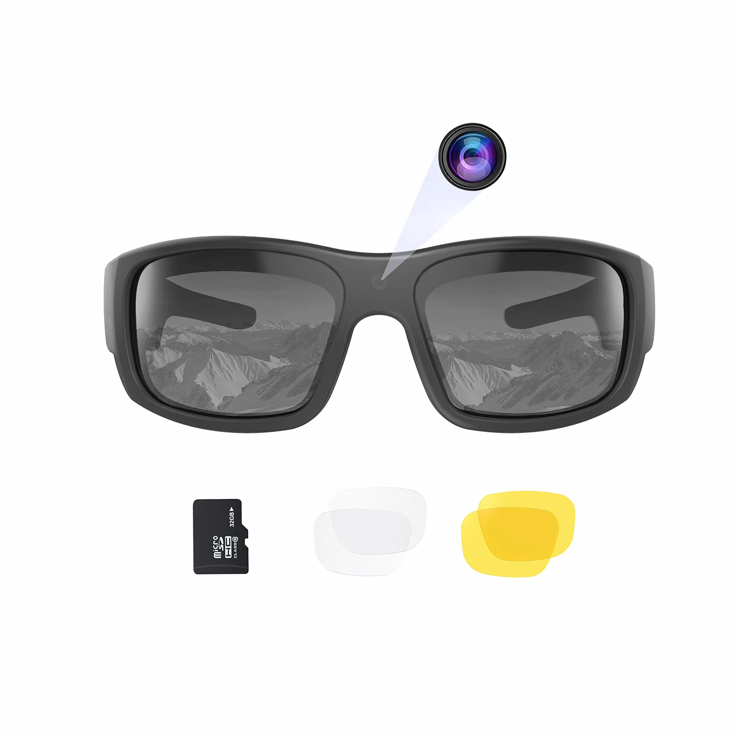 OhO Lunettes de soleil vidéo 32 Go 1080p Full HD avec caméra intégrée 15 MP et protection UV400 polarisée et lentille interchangeable