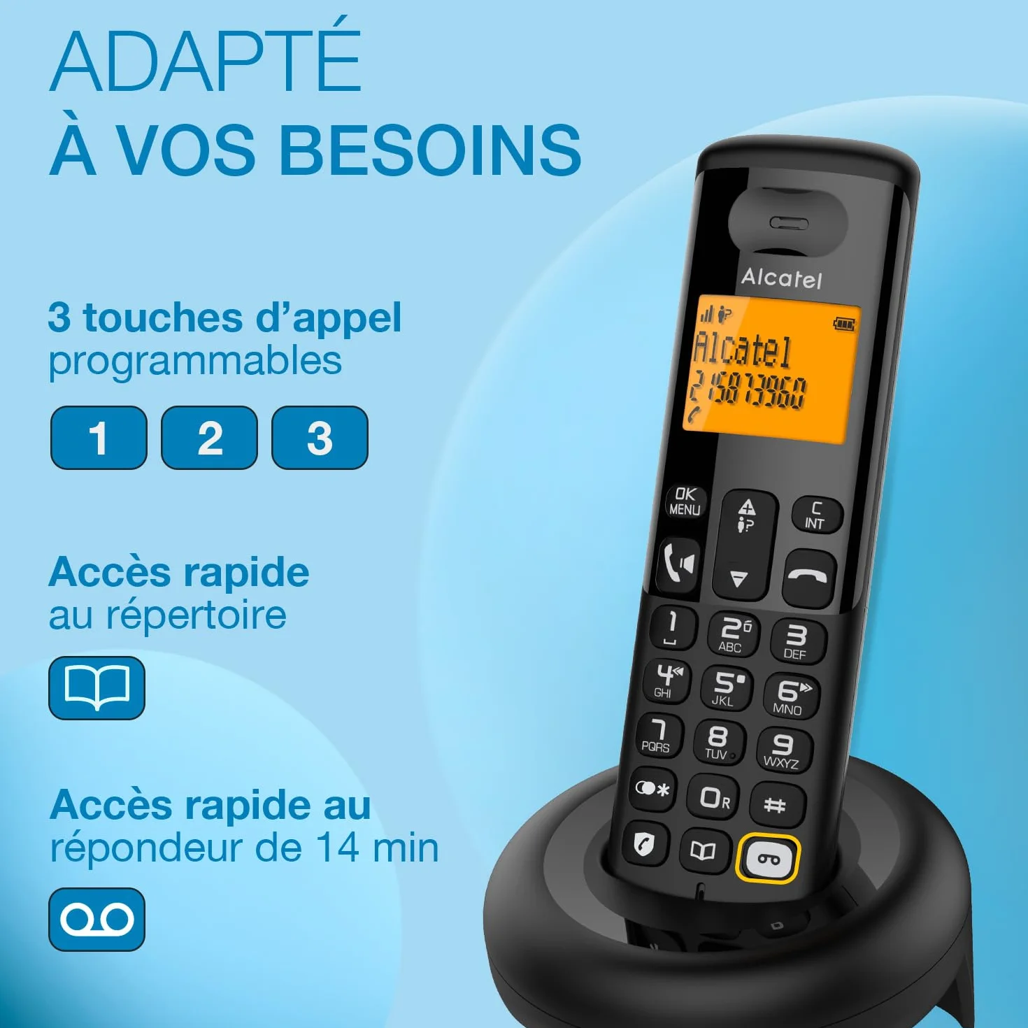 ALCATEL E260 S. Voice Téléphone Fixe sans Fil DECT Répondeur Design Compact Grand Écran Rétroéclairé Mains Libres Blocage des Appels Indésirables Noir