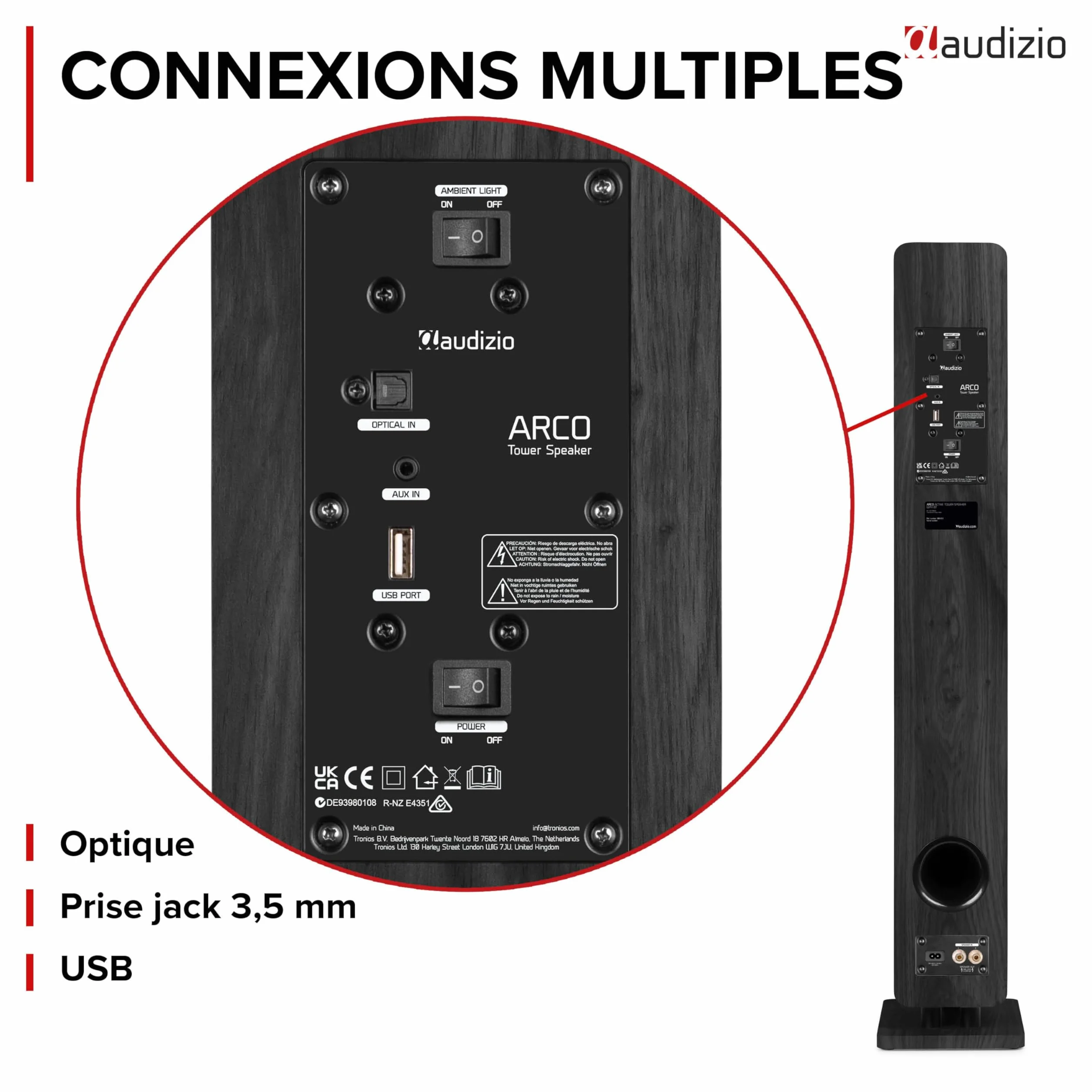 Audizio ARCO Tour de Son Hi-FI Stéréo 320W Noire - Pack Enceintes Colonnes Active + Passive avec BT, USB et Optique Tour de Son Design pour Salon, TV et Musique