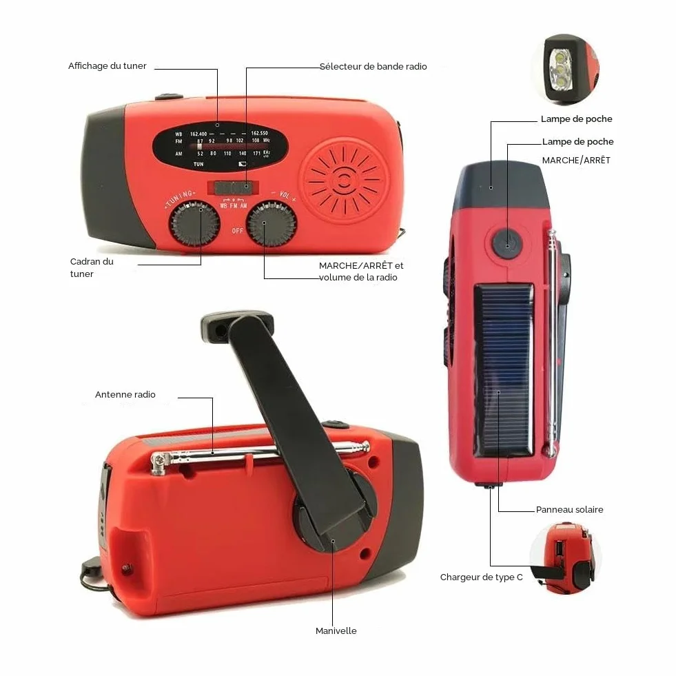 Radio d'urgence portable AM/FM avec manivelle solaire, chargeur USB, alarme SOS et lampe LED rouge