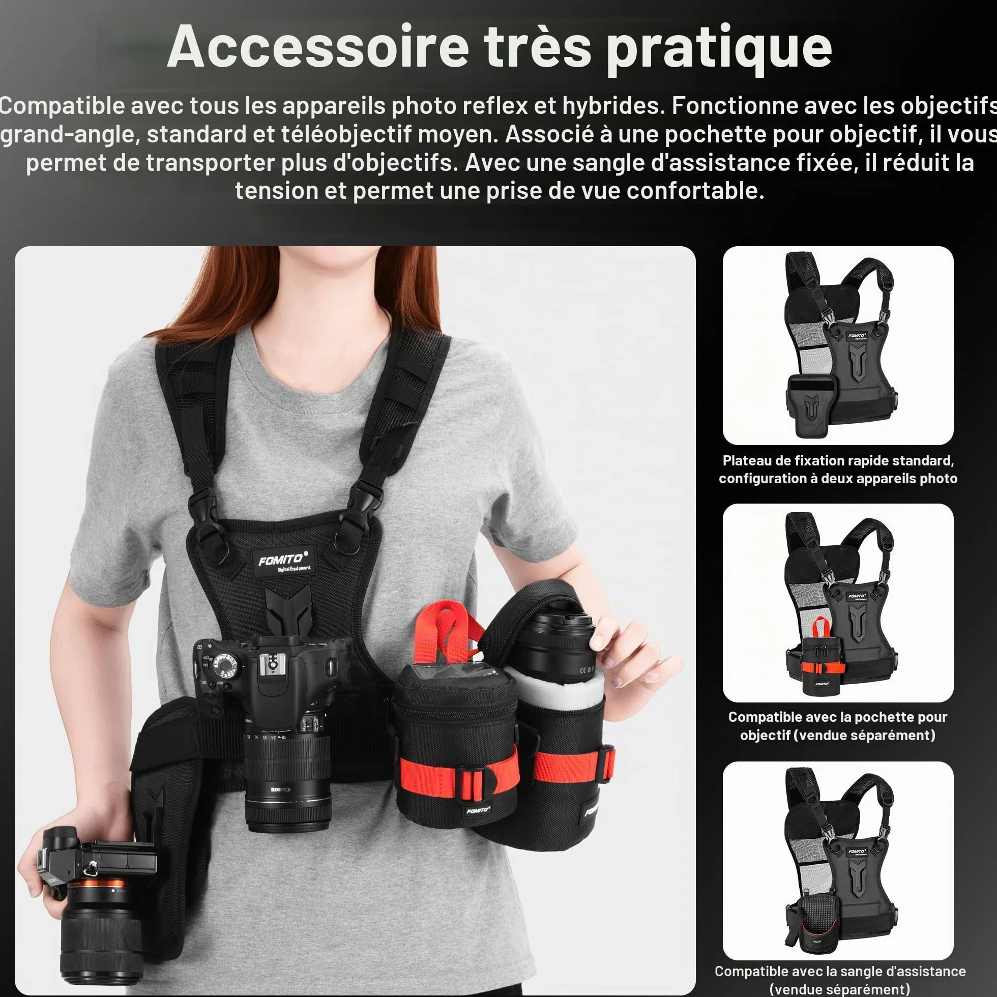 FOMITO Camera Chest Harness System Gilet de transport multi-appareil photo avec étui latéral Gris Compatible avec Canon Nikon Sony Panasonic Olympus DSLR
