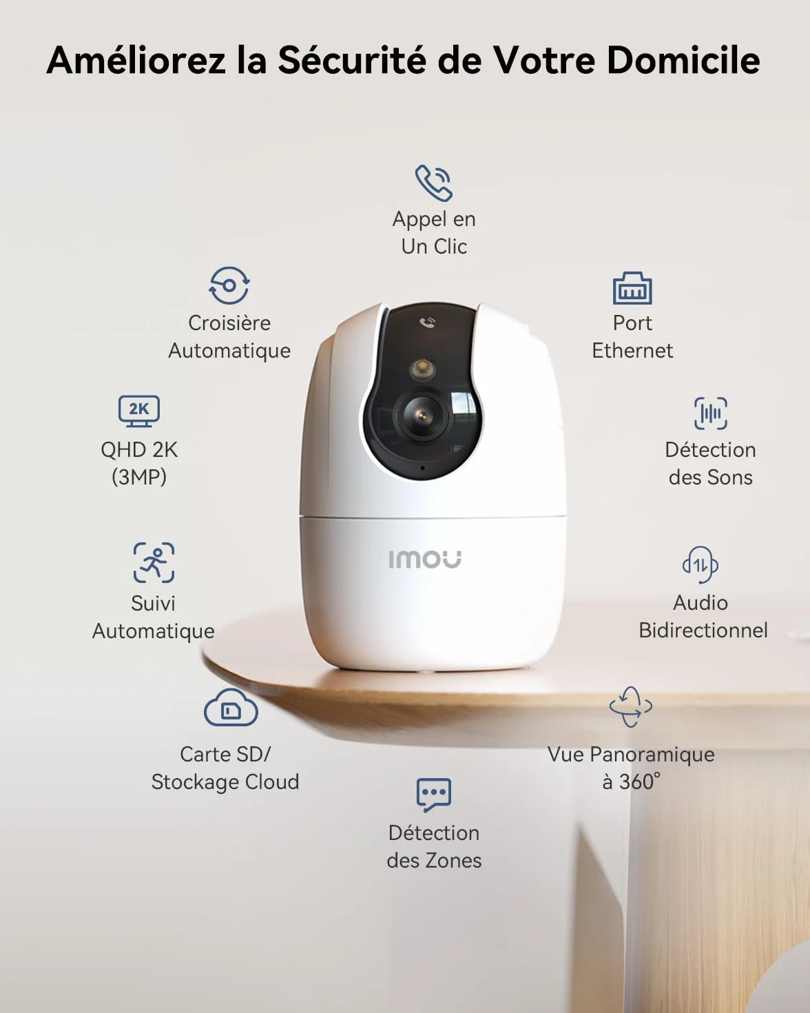 Imou 2K 3MP Caméra Surveillance WiFi Intérieur 360° Wi-Fi 6 Double-Bande Vision Nocturne Couleur Détection Personnes Animaux Suivi Intelligent Compatible Alexa